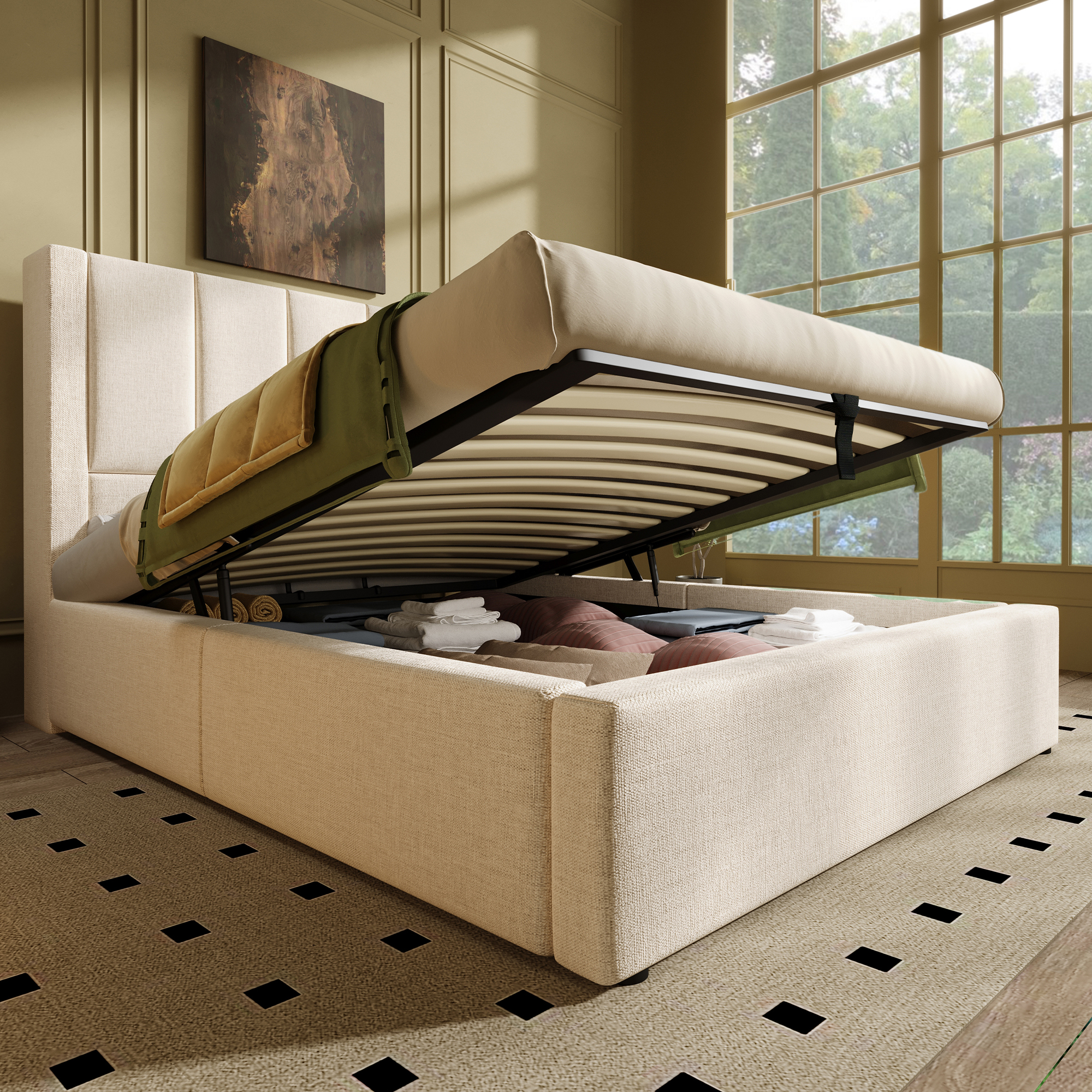 Lit coffre rembourré en lin 90 x 200 cm avec rangement hydraulique, ports USB-C, porte-gobelet et sommier à lattes, Beige, sans matelas