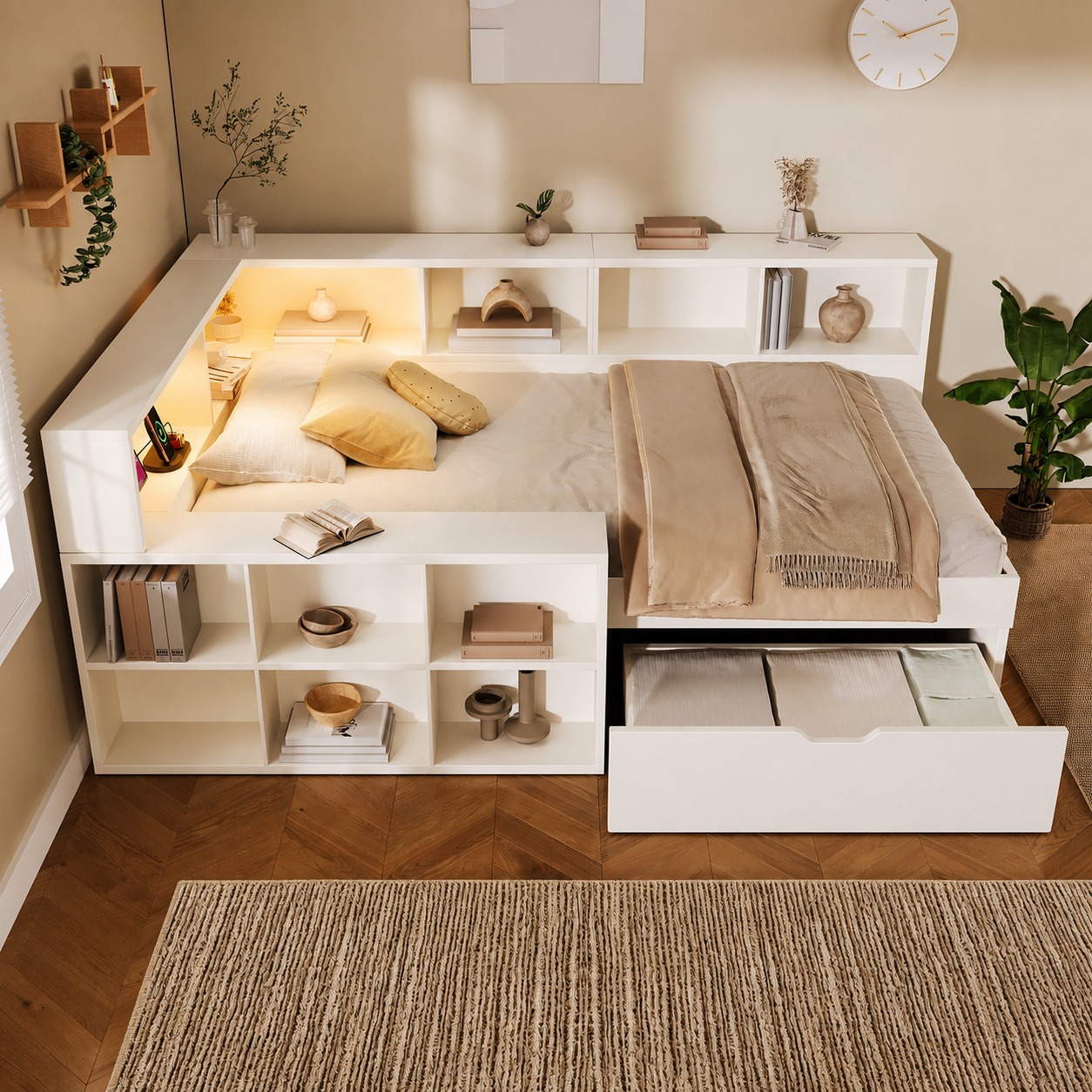 Lit banquette en bois 90 x 200 cm avec tiroirs, ports USB-C, lampe de lecture et rangements, Blanc, sans matelas