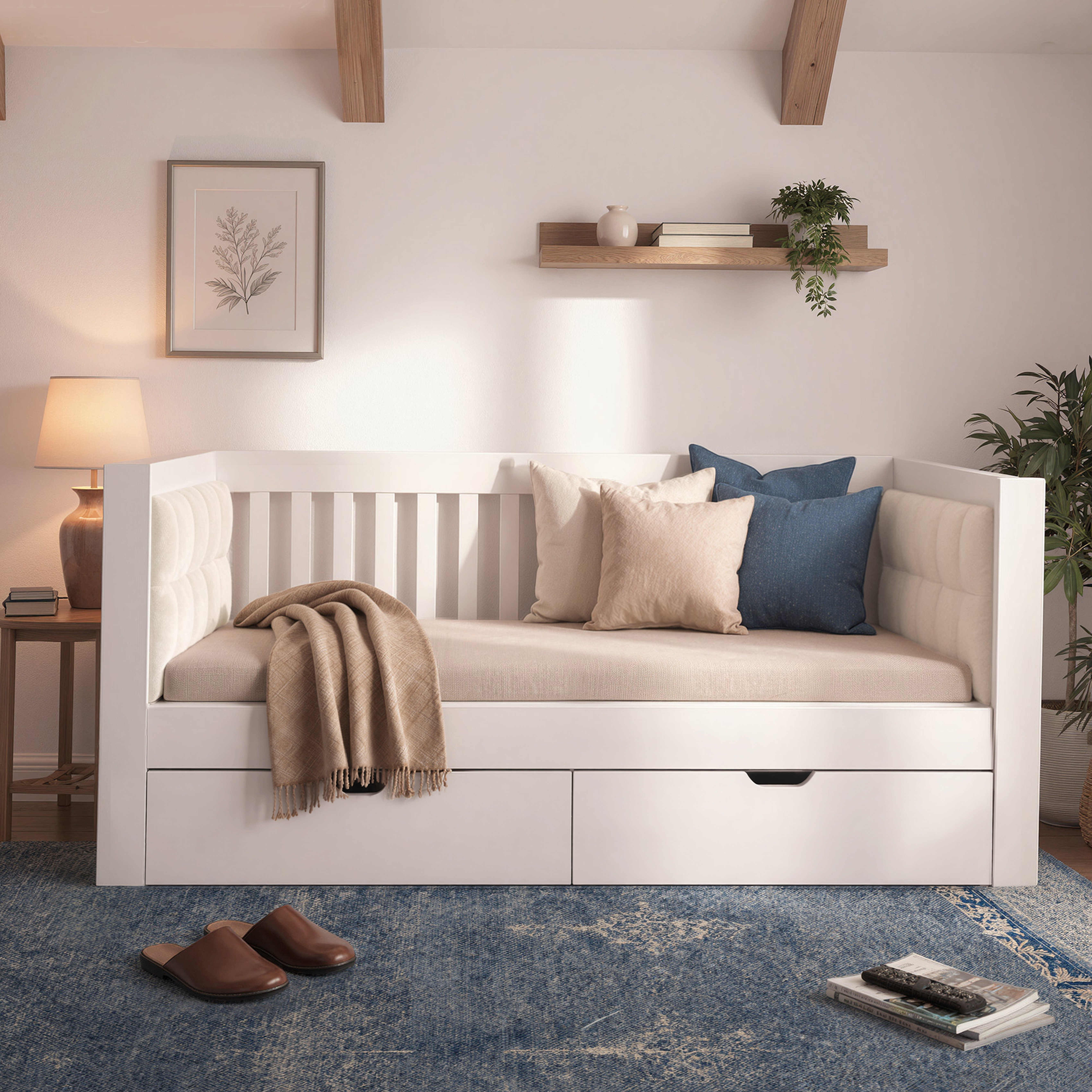 Banquette lit 90x190 blanc bois tiroirs