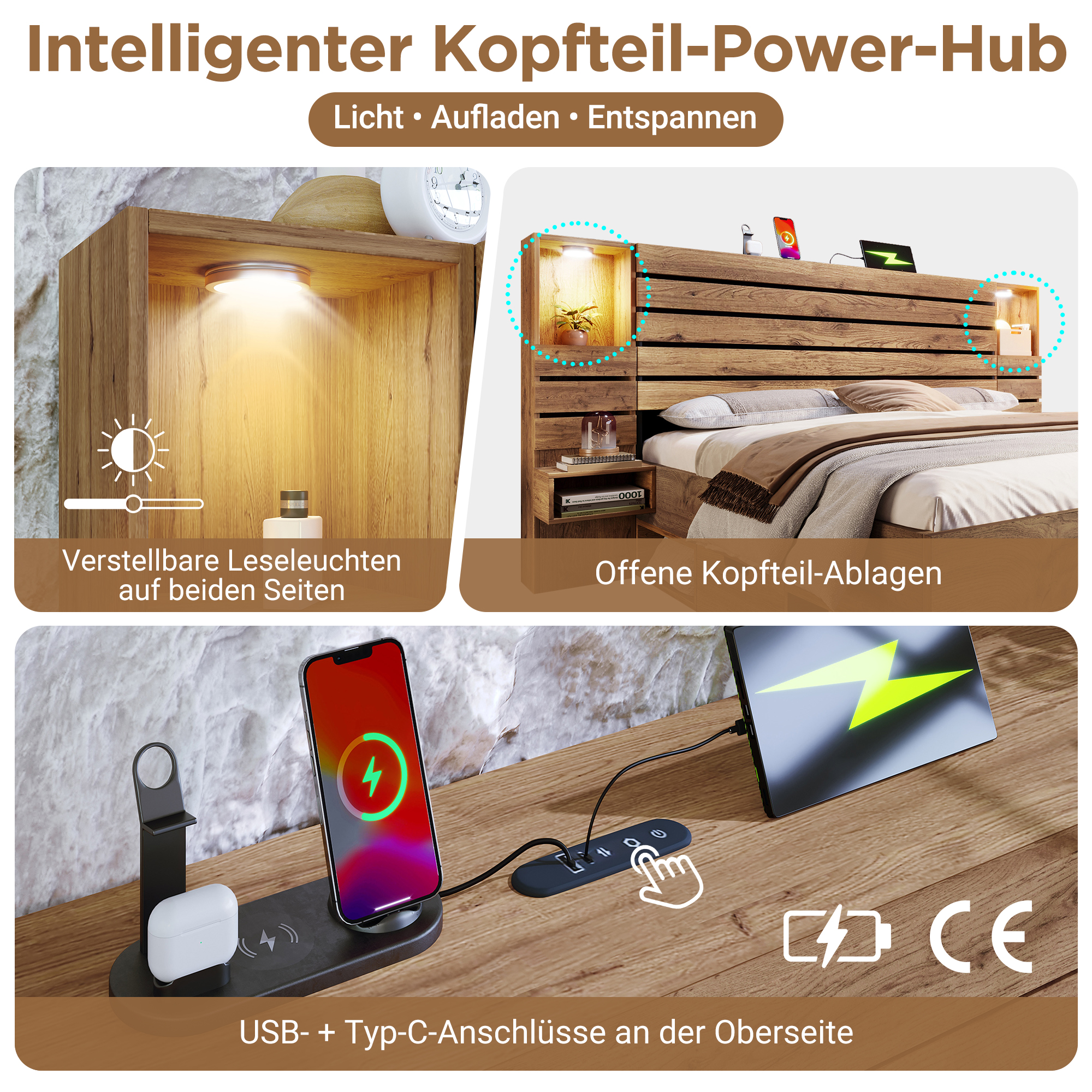 Holzbett Doppelbett 180x200 cm mit LED-Downlights 