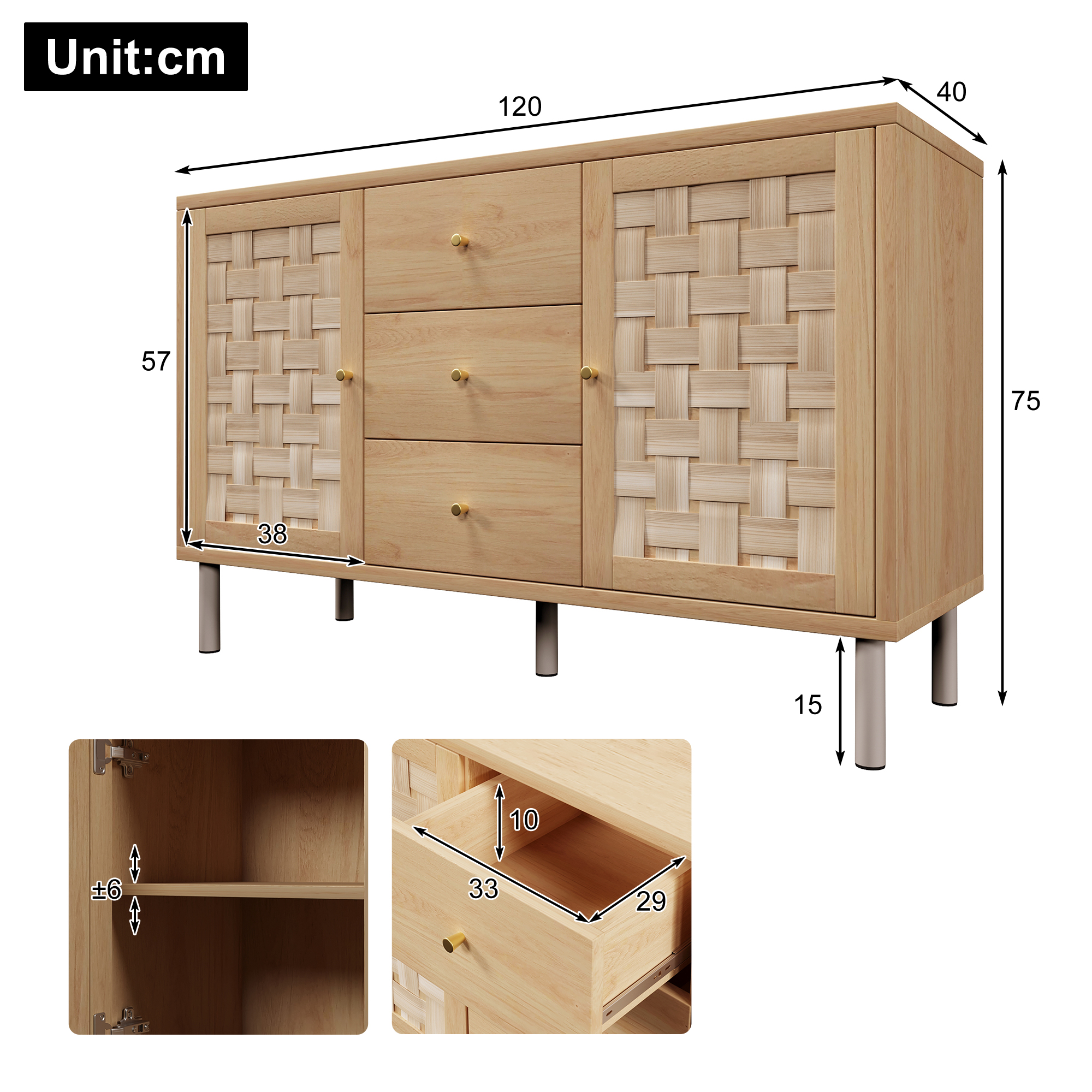 Commode, hauteur réglable, avec tiroirs, 120 x 40 x 75 cm, métal, chêne - vue 2
