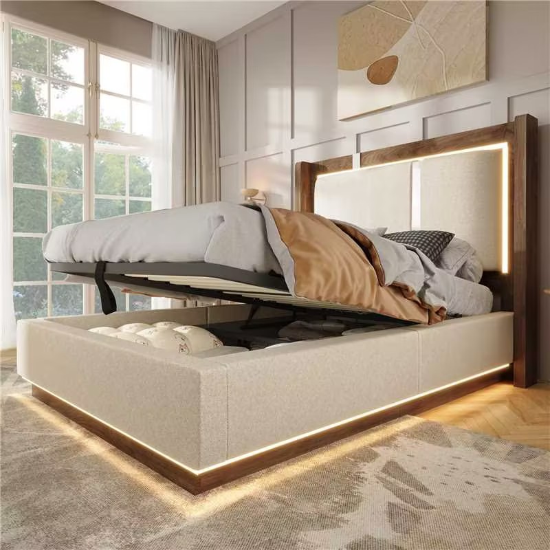 Lit coffre 90x200 cm beige et noyer avec éclairage LED et rangement hydraulique