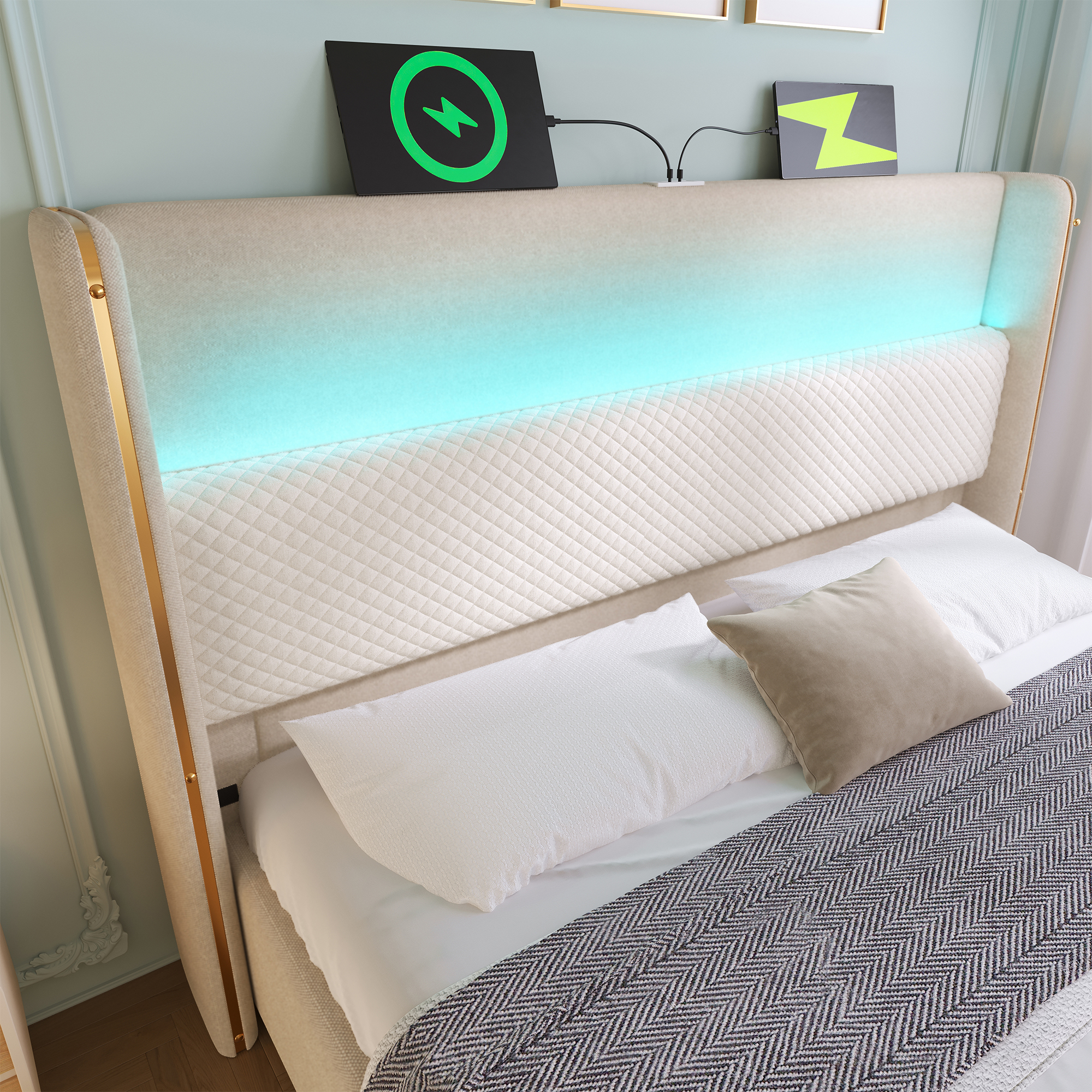 Lit coffre rembourré 140 x 200 cm avec toboggan, LED, ports de charge, rangement hydraulique, lin, Beige - vue complémentaire