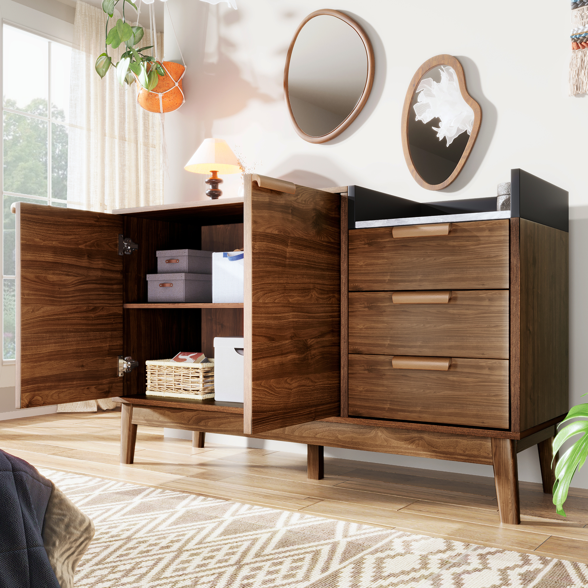 Meuble de rangement, hauteur réglable, avec tiroirs, 120 x 40 x 77 cm, bois massif, chêne - vue 6