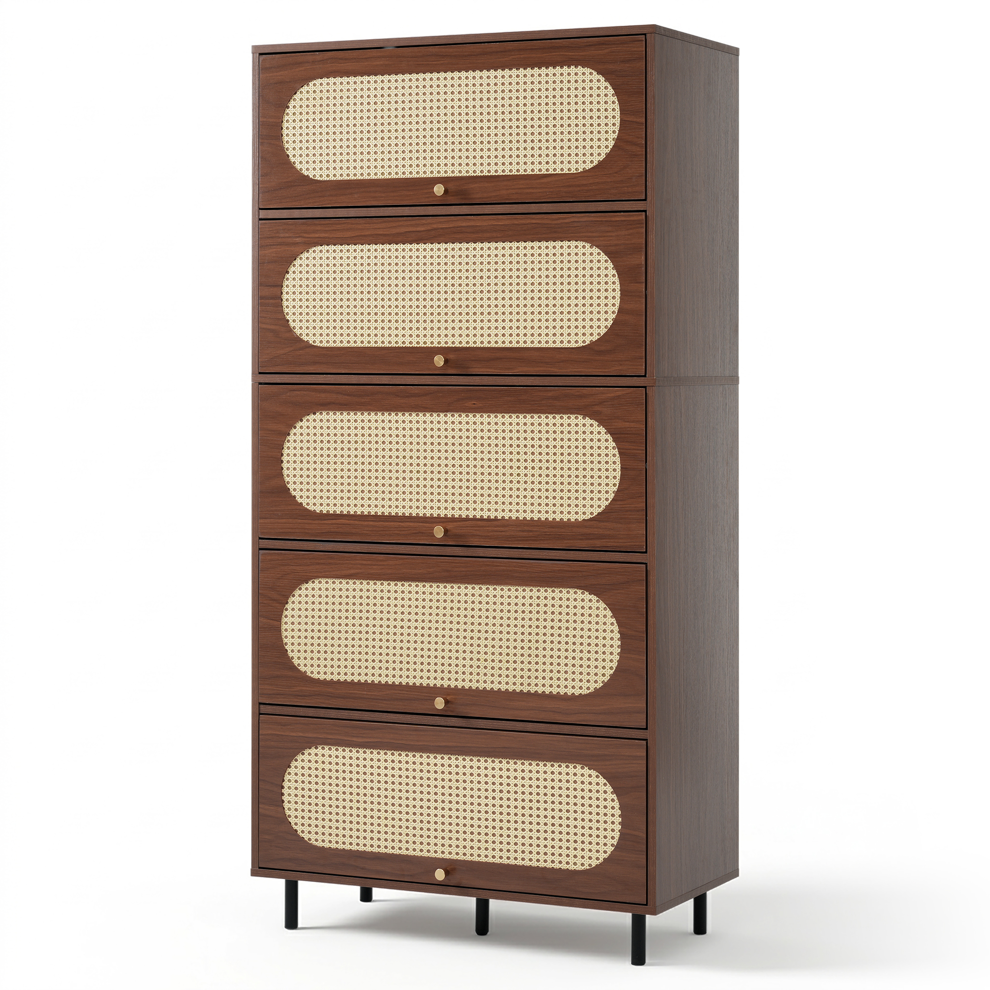 Commode, structure pliante, détails en rotin, 80 x 40 x 163 cm, métal, noyer - vue 4