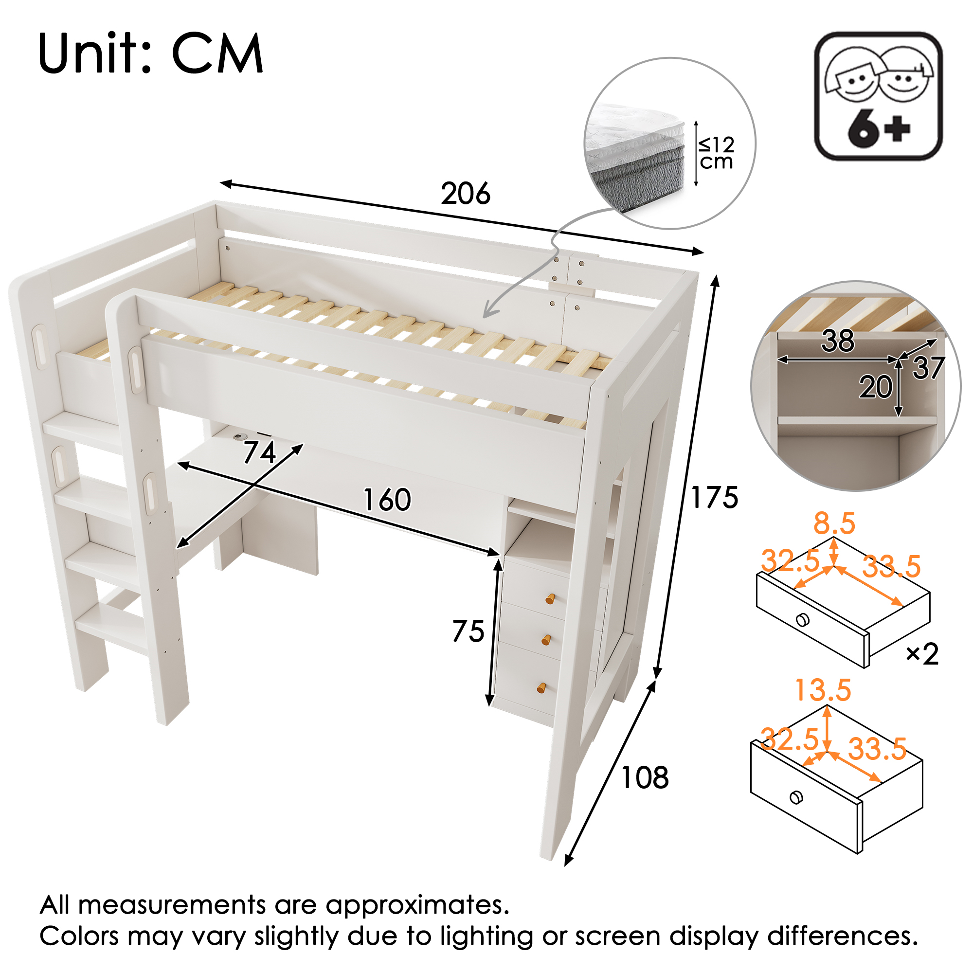 Kinderbett Hochbett mit L-förmigem Schreibtisch, R