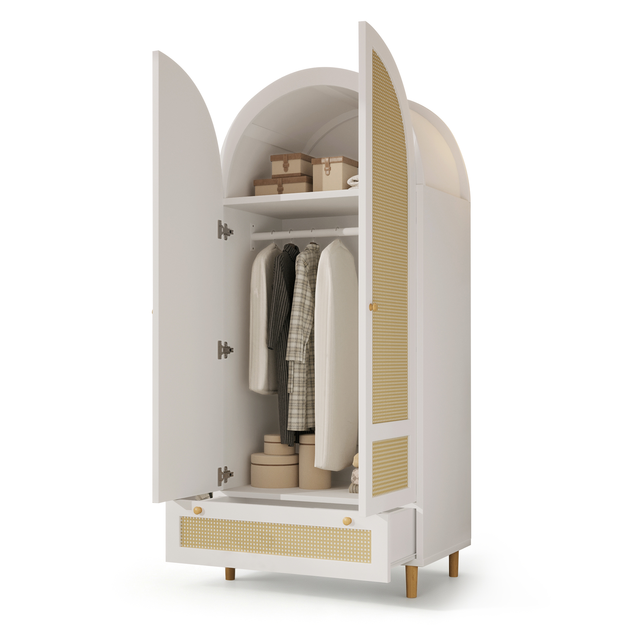 Armoire-penderie, avec tiroirs, détails en rotin, 80 x 50 x 180 cm, rotin et bois, blanc - vue 7