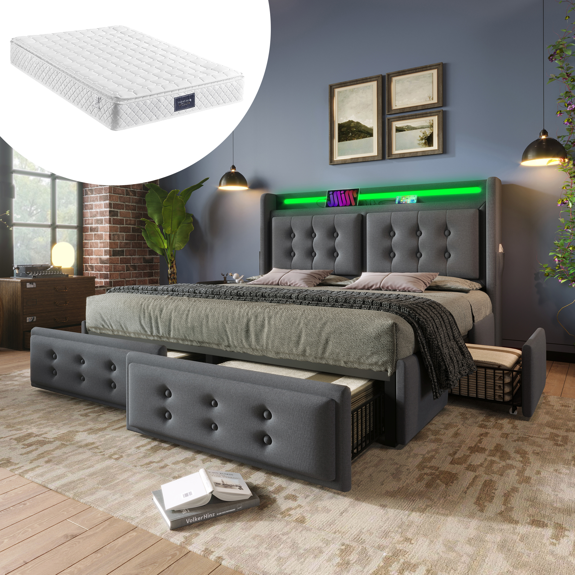 Polsterbett 140x200, Doppelbett mit Led-Kopfteil u