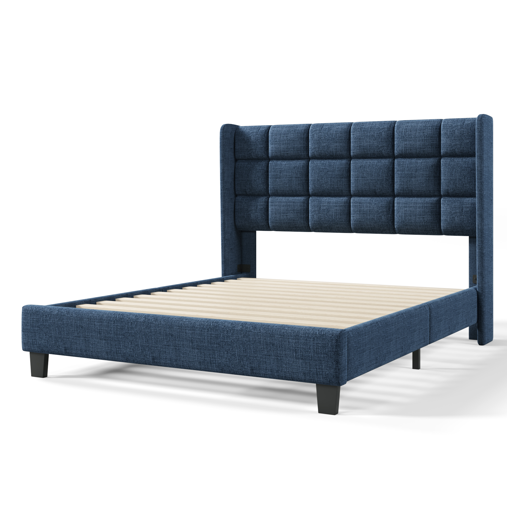 Lit rembourré classique en tissu bleu, tête de lit haute, pieds noirs, sommier à lattes bois inclus, design élégant intemporel, pour chambre, soutien confortable, lecture et repos, qualité durable - image 8