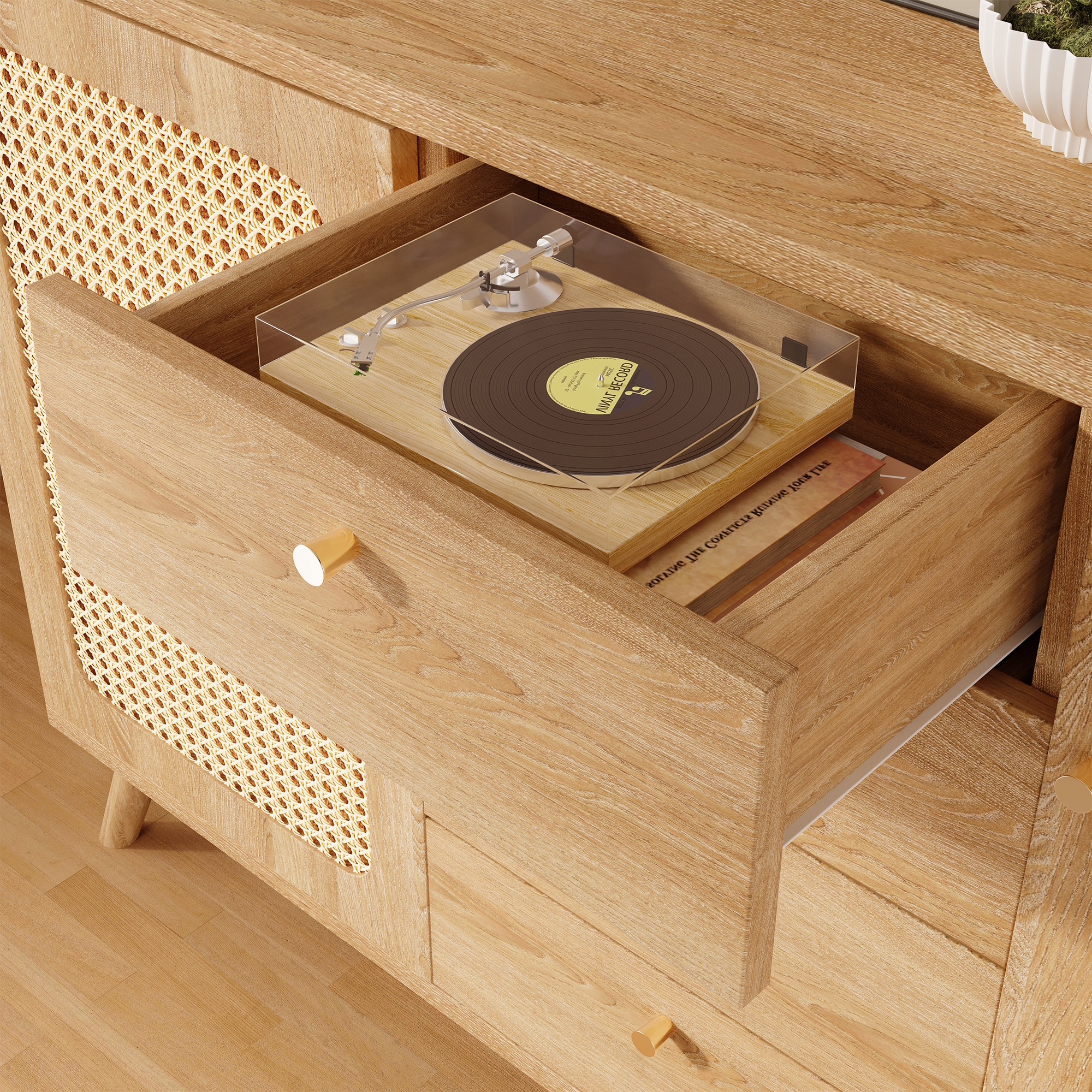 Buffet bas 140 cm, meuble de rangement avec 2 portes, 4 tiroirs, étagères réglables, façades effet cannage, panneaux de particules et MDF, Effet chêne