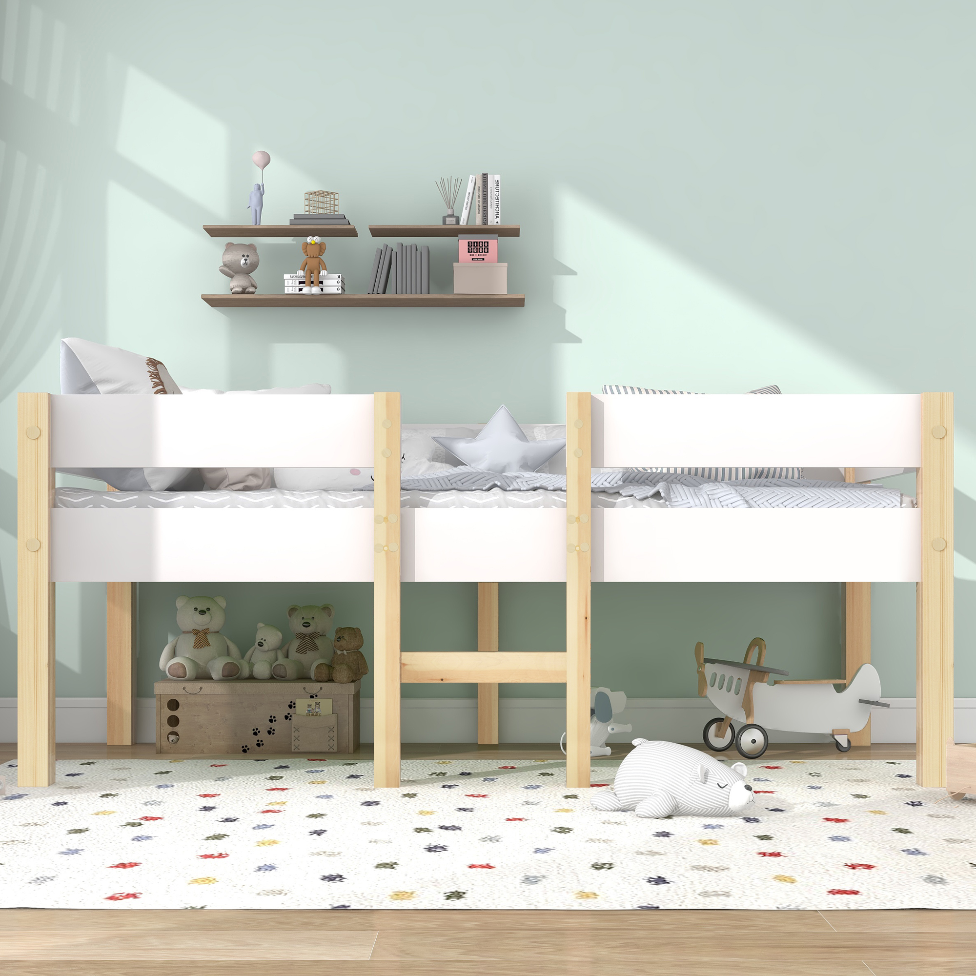 Lit mezzanine enfant blanc 90 x 190 cm, barrière et échelle, pin massif, 198 x 97 x 77 cm, blanc chêne