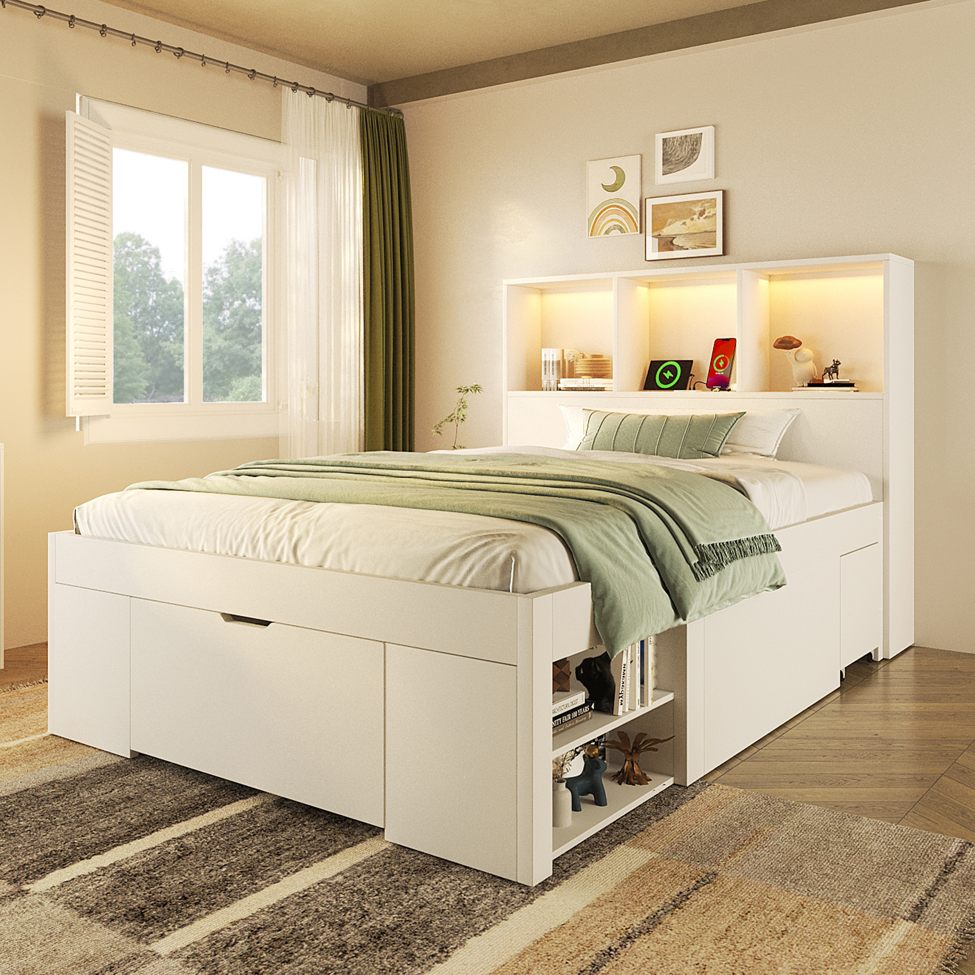 Lit fonctionnel 90x200 blanc table nuit mobile