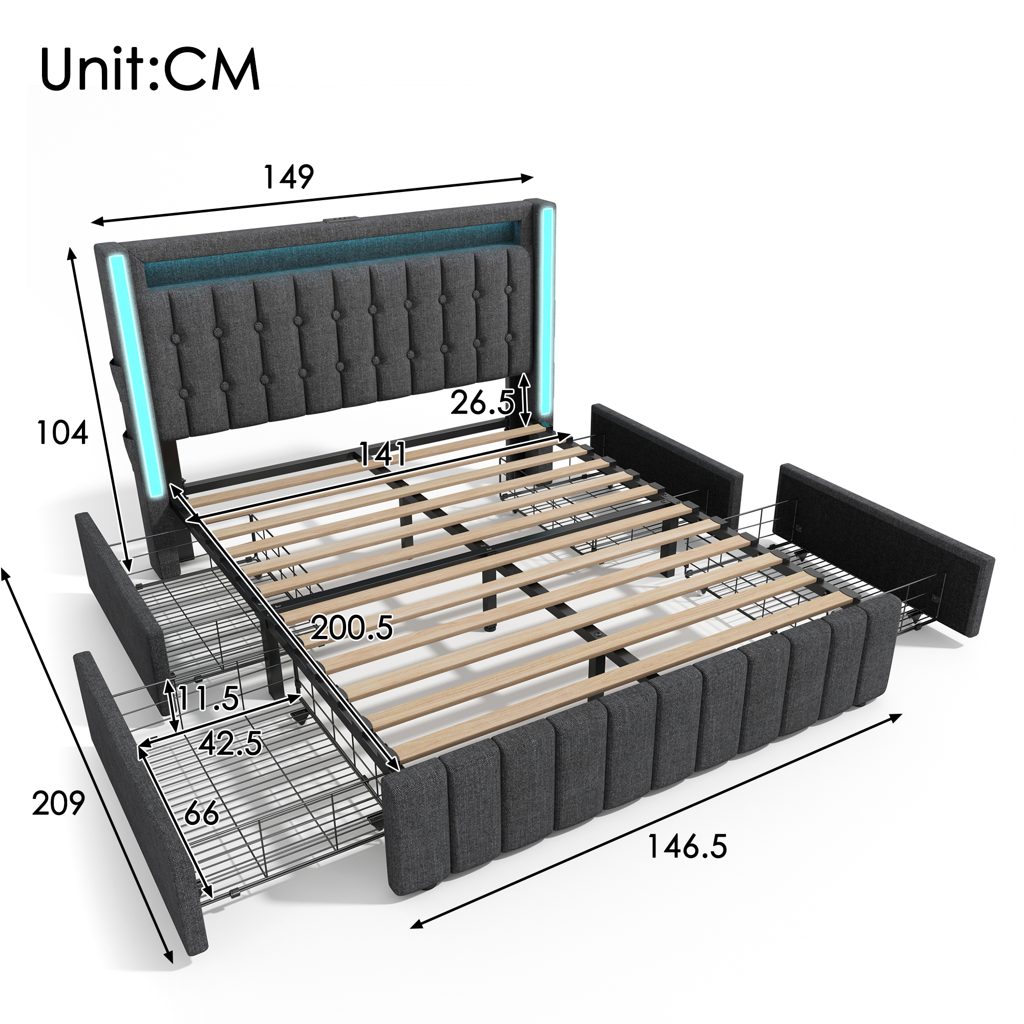 Polsterbett USB Typ C Ladefunktion LED-Beleuchtung