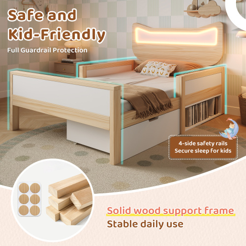Lit enfant blanc et chêne avec tête de lit en forme de chat