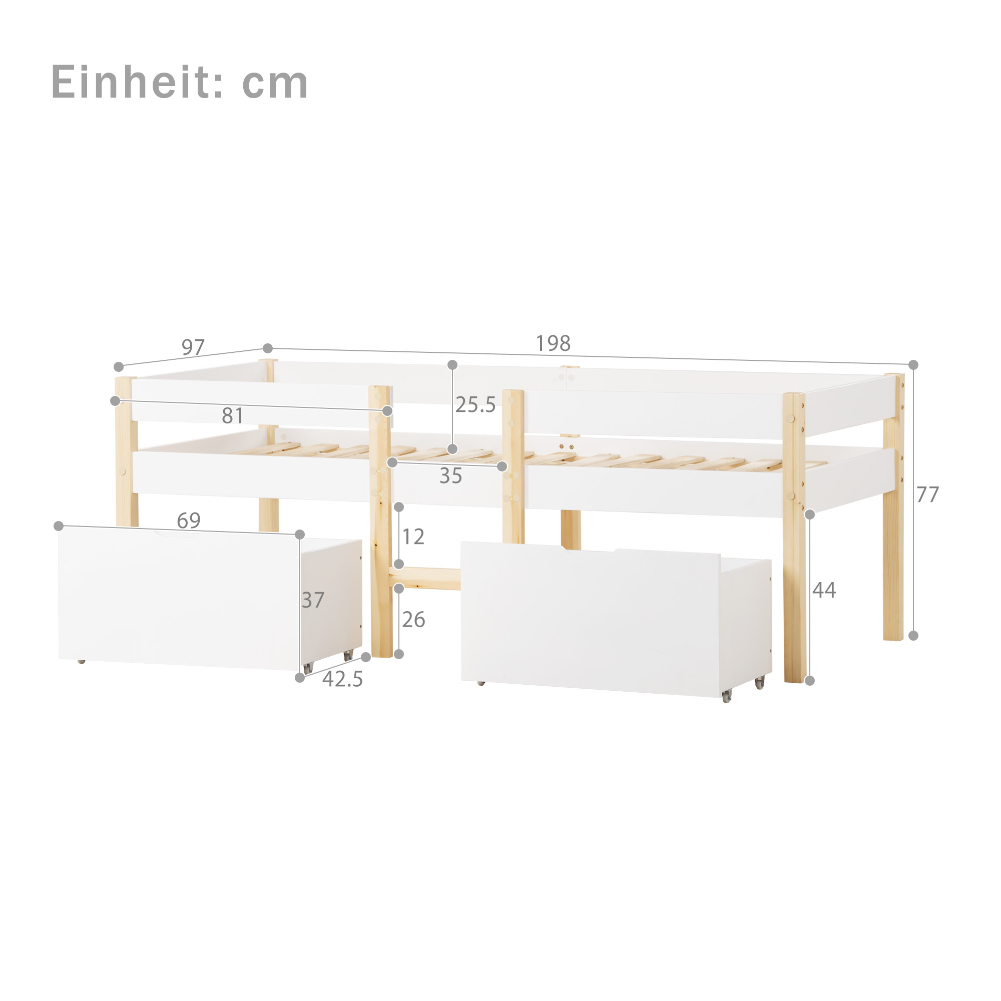 Lit mezzanine enfant blanc 90 x 190 cm, barrière et échelle, tiroir, pin massif, 198 x 97 x 77 cm, blanc chêne