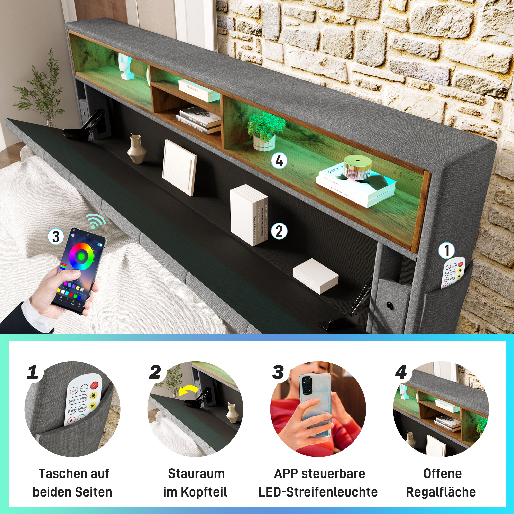 Polsterbett Doppelbett Stauraum-Kopfteil Bett mit 