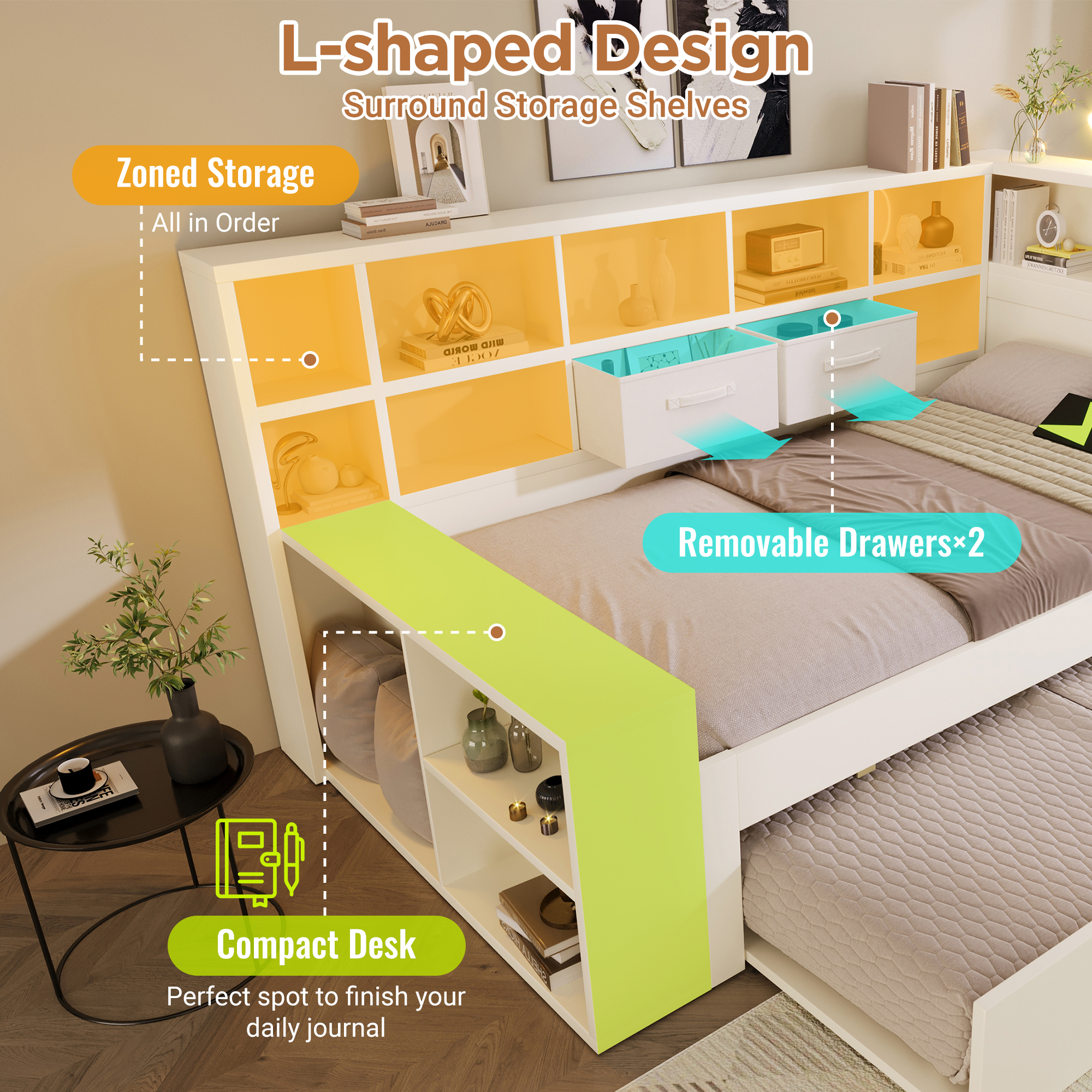 Lit gigogne en bois 140 x 200 cm avec tiroirs, ports USB-C et rangements, Blanc, sans matelas
