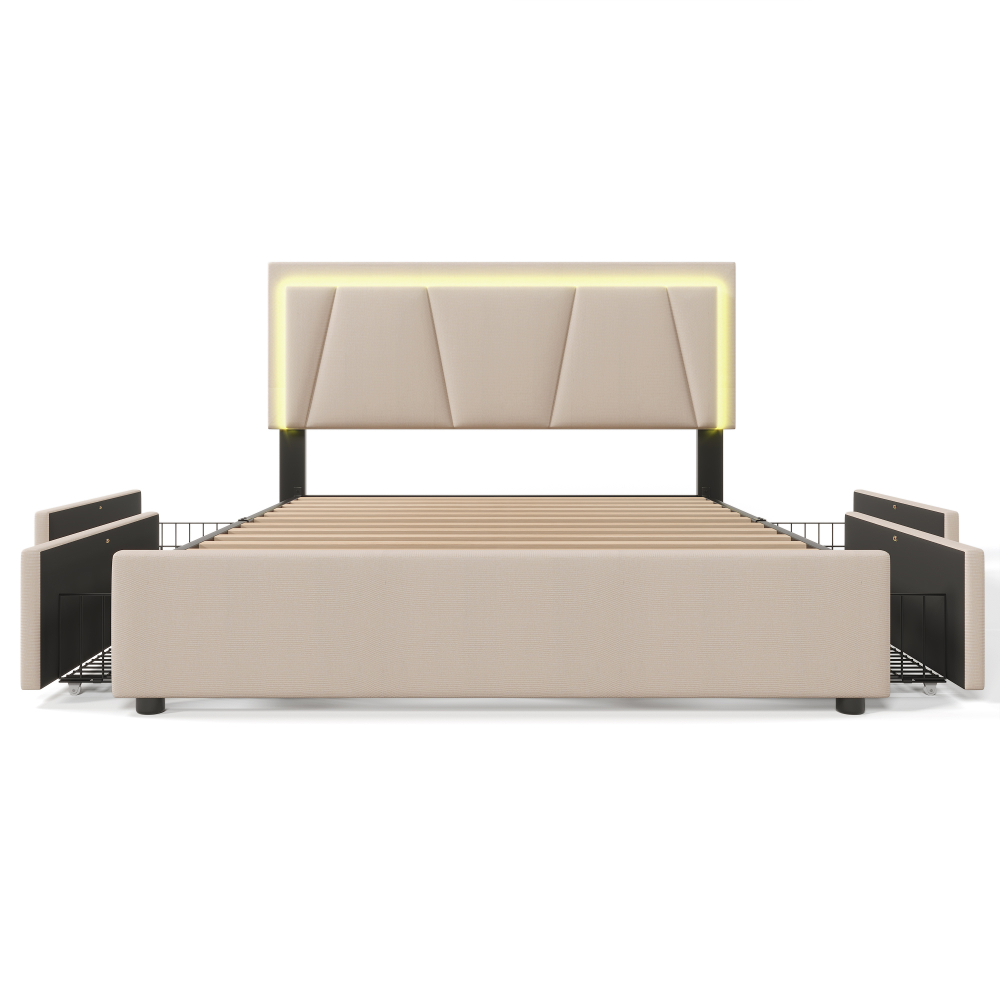 Polsterbett mit LED-Beleuchtung und 4 Schubladen,H
