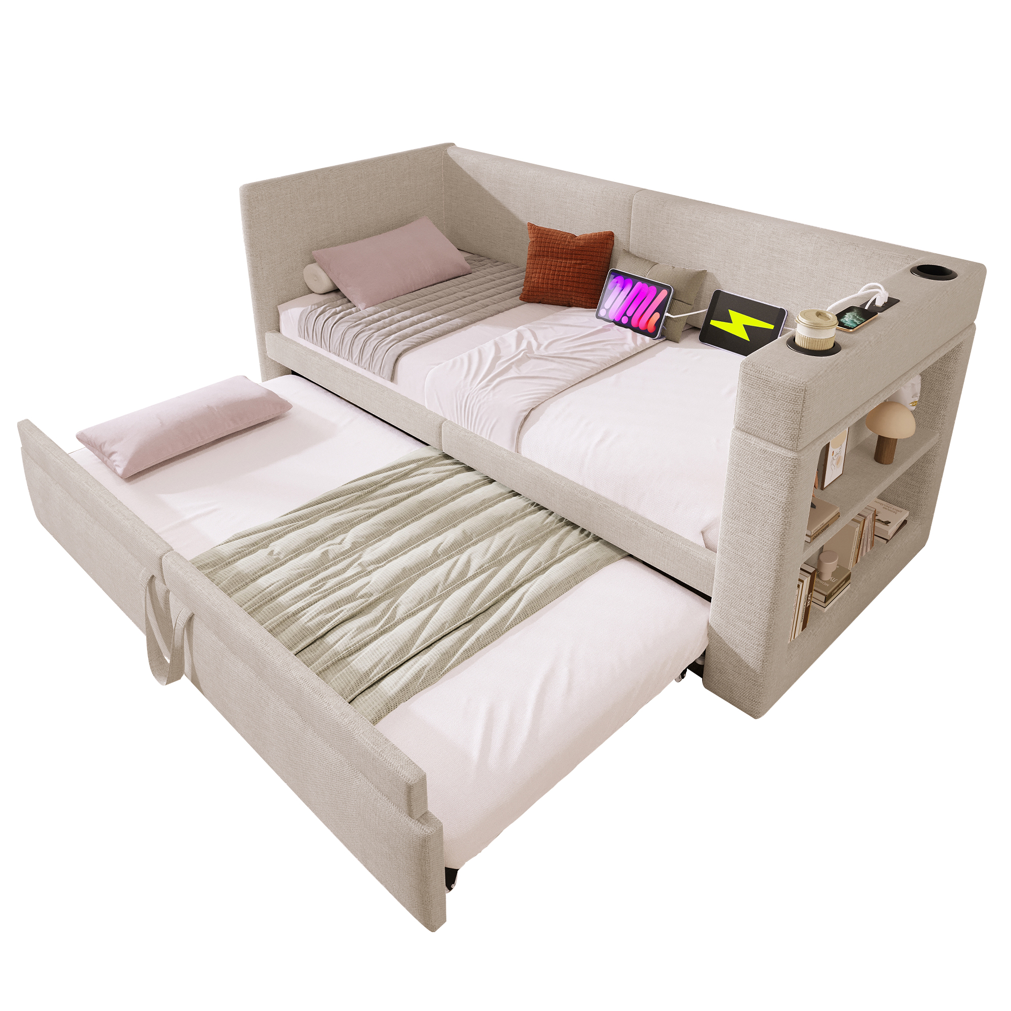 Canapé-lit escamotable, accoudoirs interchangeables, tissu lin-coton, roulettes et sangles, pour salon et chambre, utilisation flexible, confort toute saison, gain de place, design pratique moderne - image 7