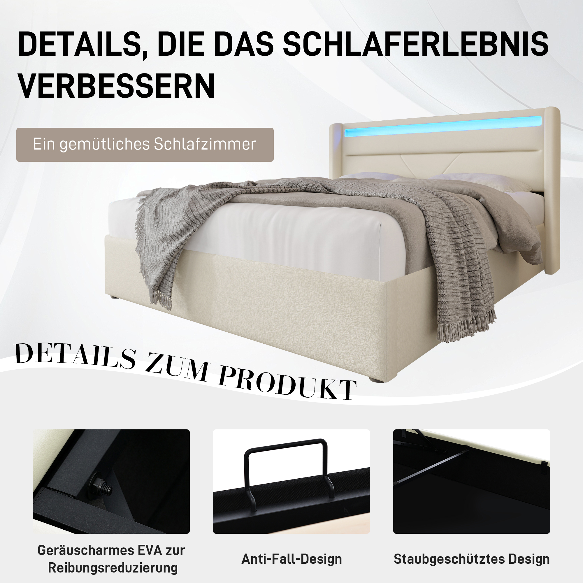 (529697AAW)Hydraulisch Stauraumbett mit LED-Beleuc