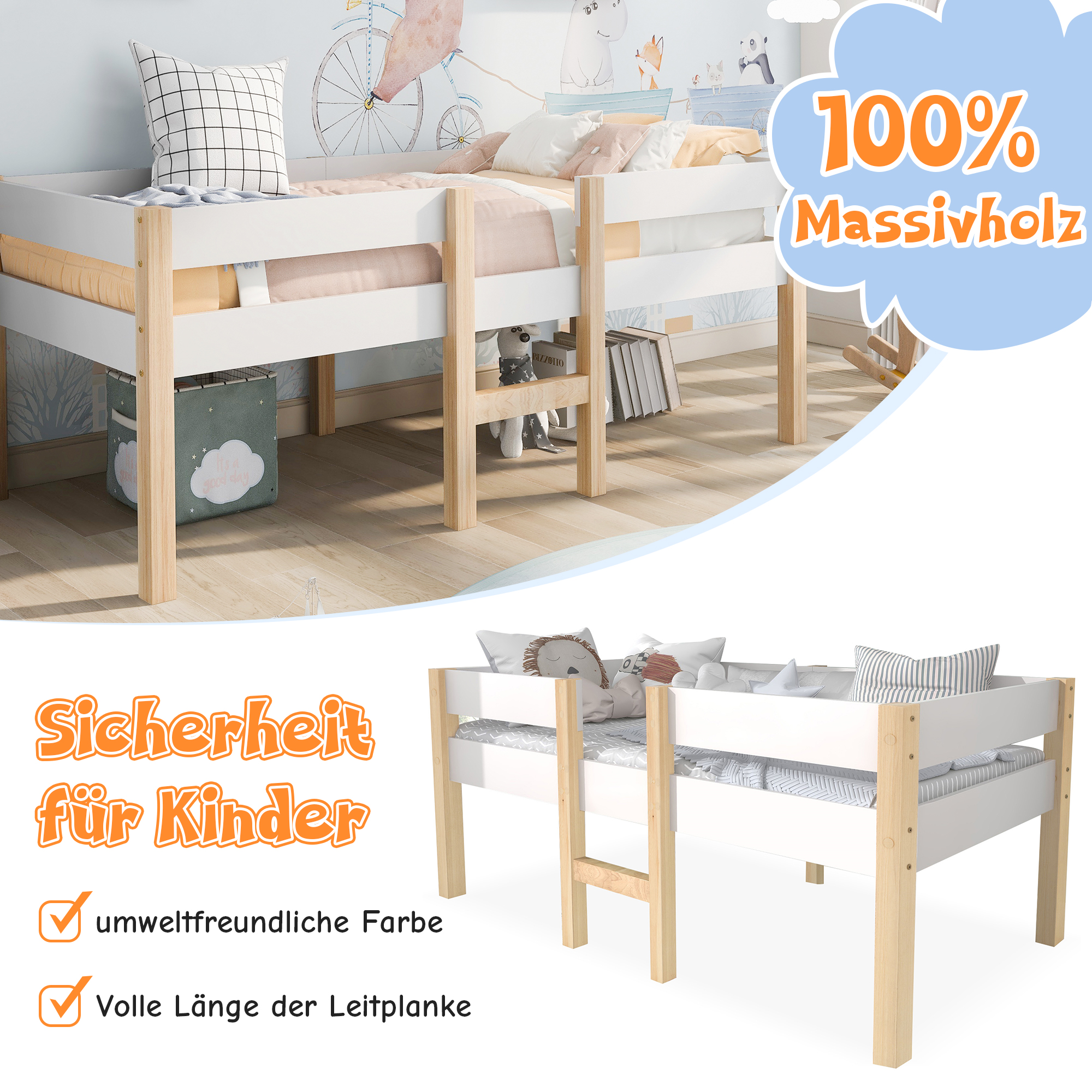 Bett Kinderbett mit Schublade und Rausfallschutz, 