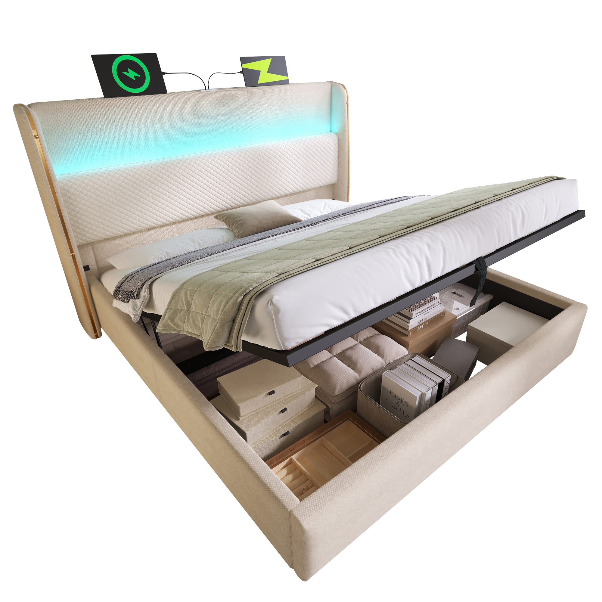 Lit coffre rembourré 140 x 200 cm avec toboggan, LED, ports de charge, rangement hydraulique, lin, Beige - fonctions