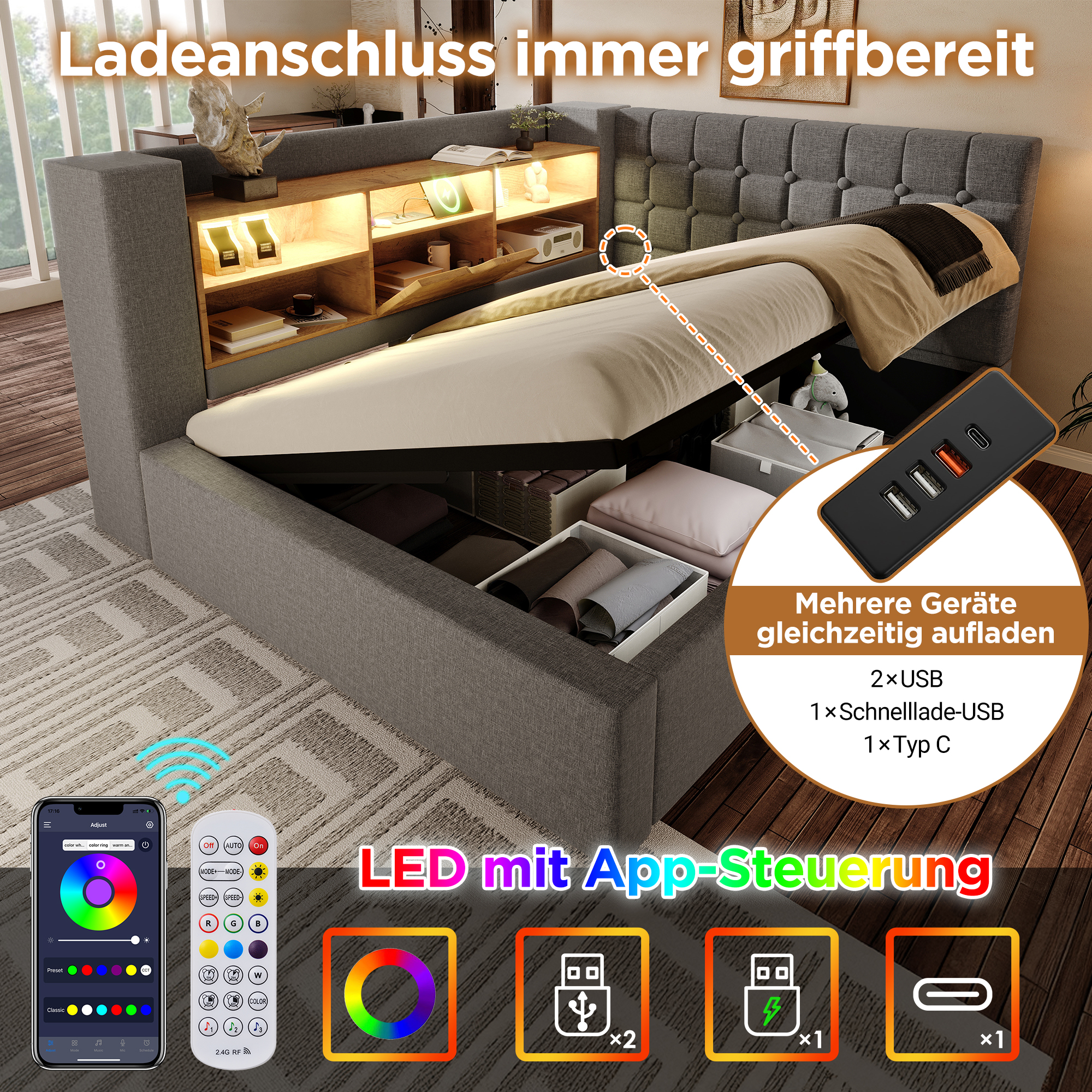 Polsterbett 140x200 cm Doppelbett mit LED-Beleucht