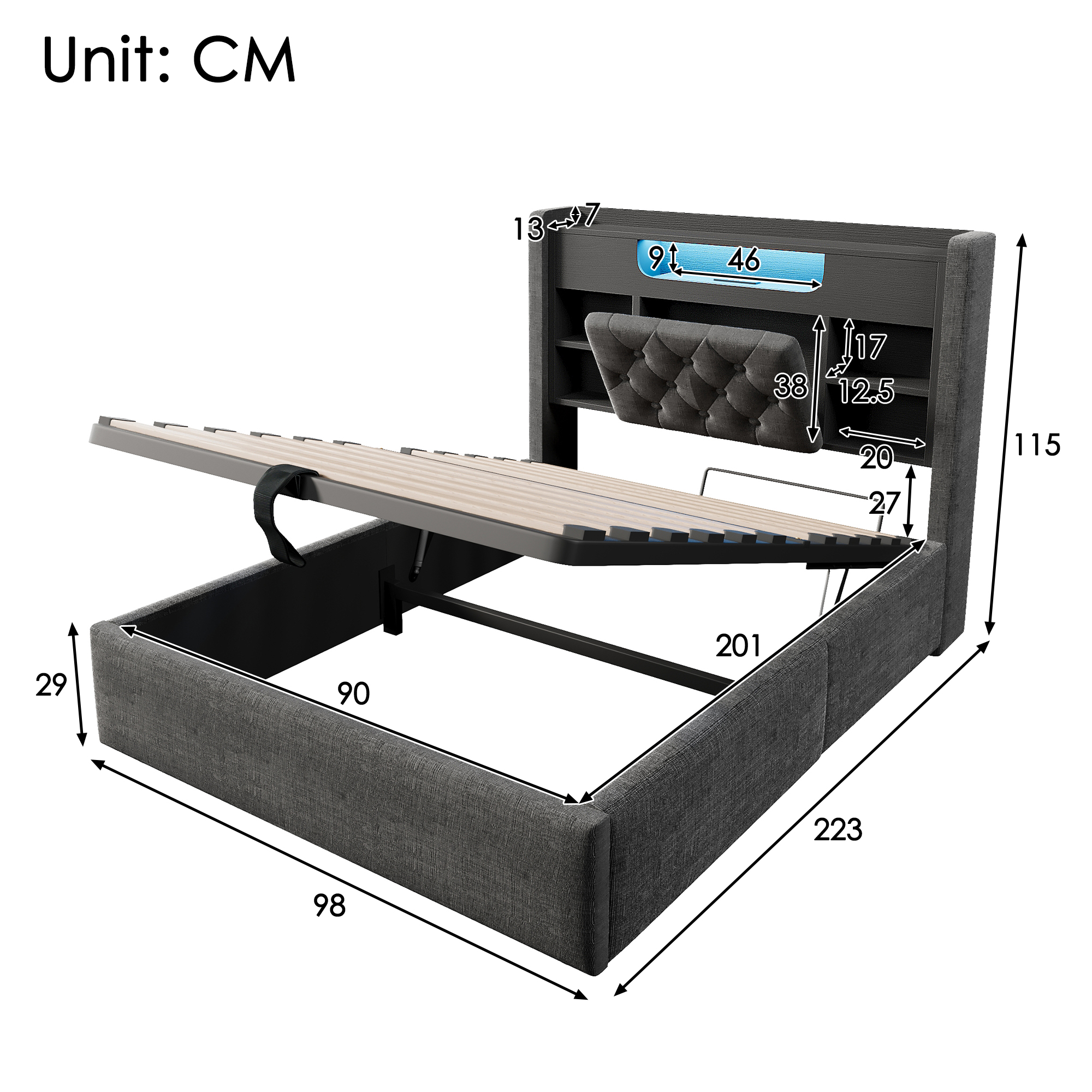 Lit rembourré 90 x 200 cm avec éclairage LED, port USB / Type-C, rangements intégrés, rangement hydraulique, gris - vue complémentaire 1