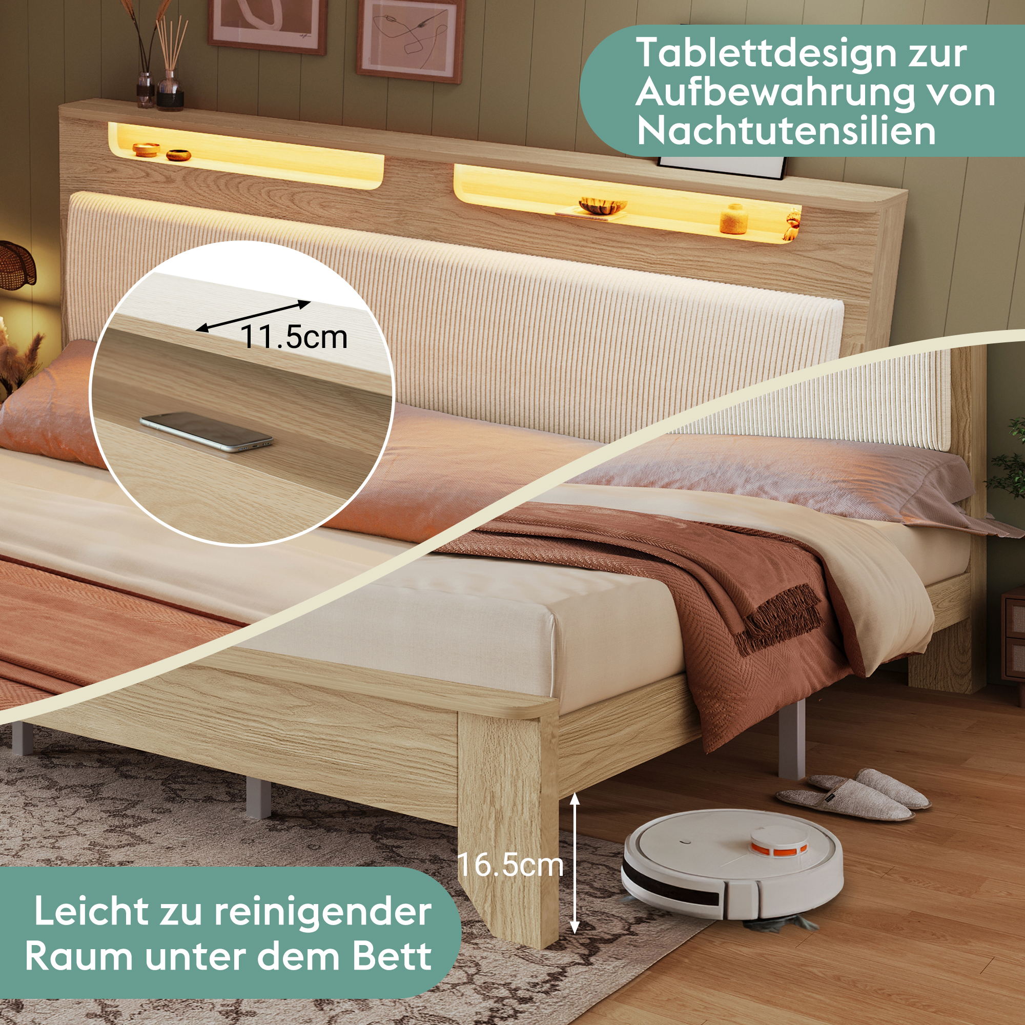 Doppelbett Holzbett 140×200cm mit Bettbank, Kopfte