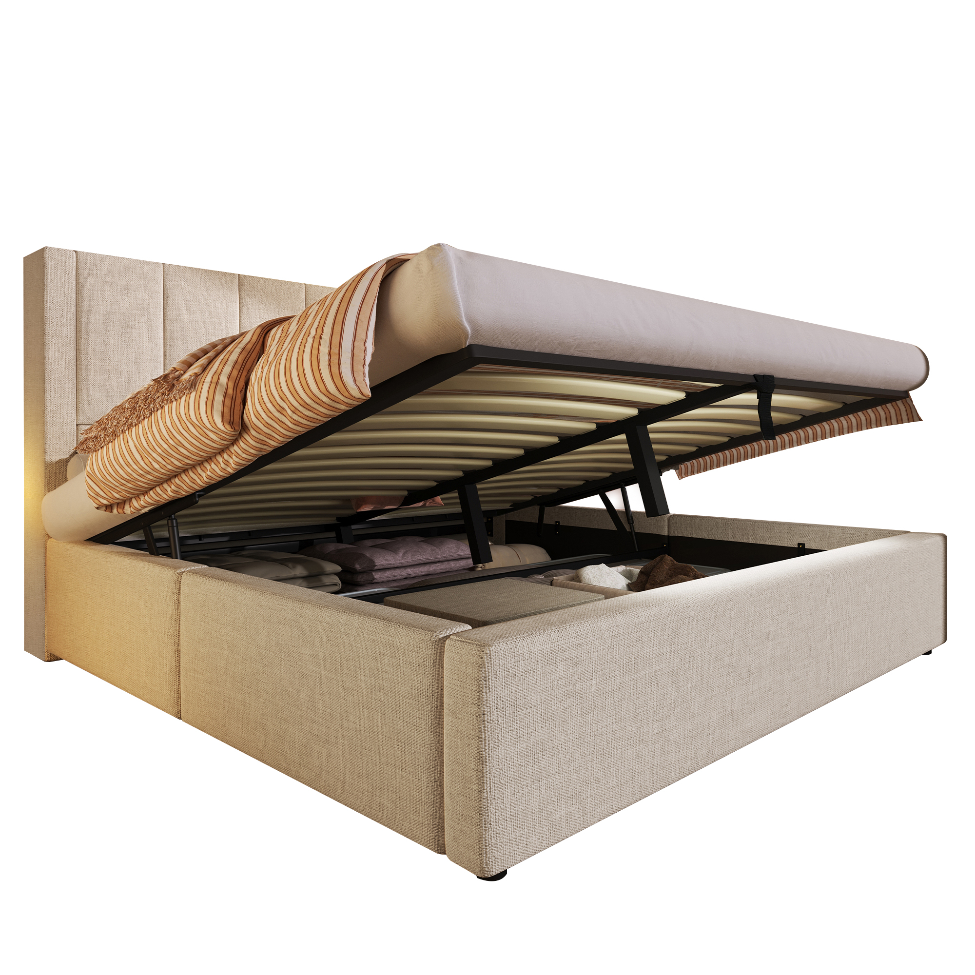 Détails de Lit coffre rembourré en lin 140 x 190 cm avec rangement hydraulique, ports USB-C, porte-gobelet et sommier à lattes, Beige, sans matelas