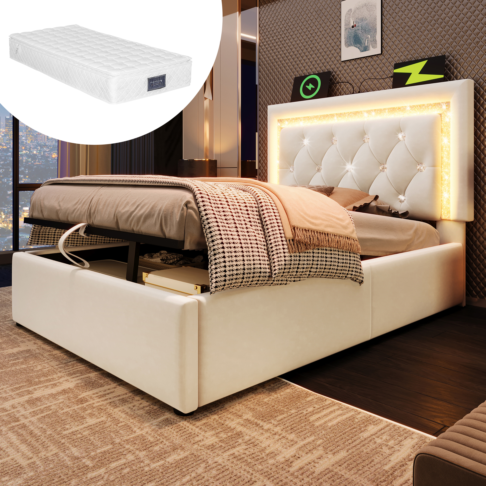 Polsterbett 90x200 cm Samt Einzelbett mit LED-Diam