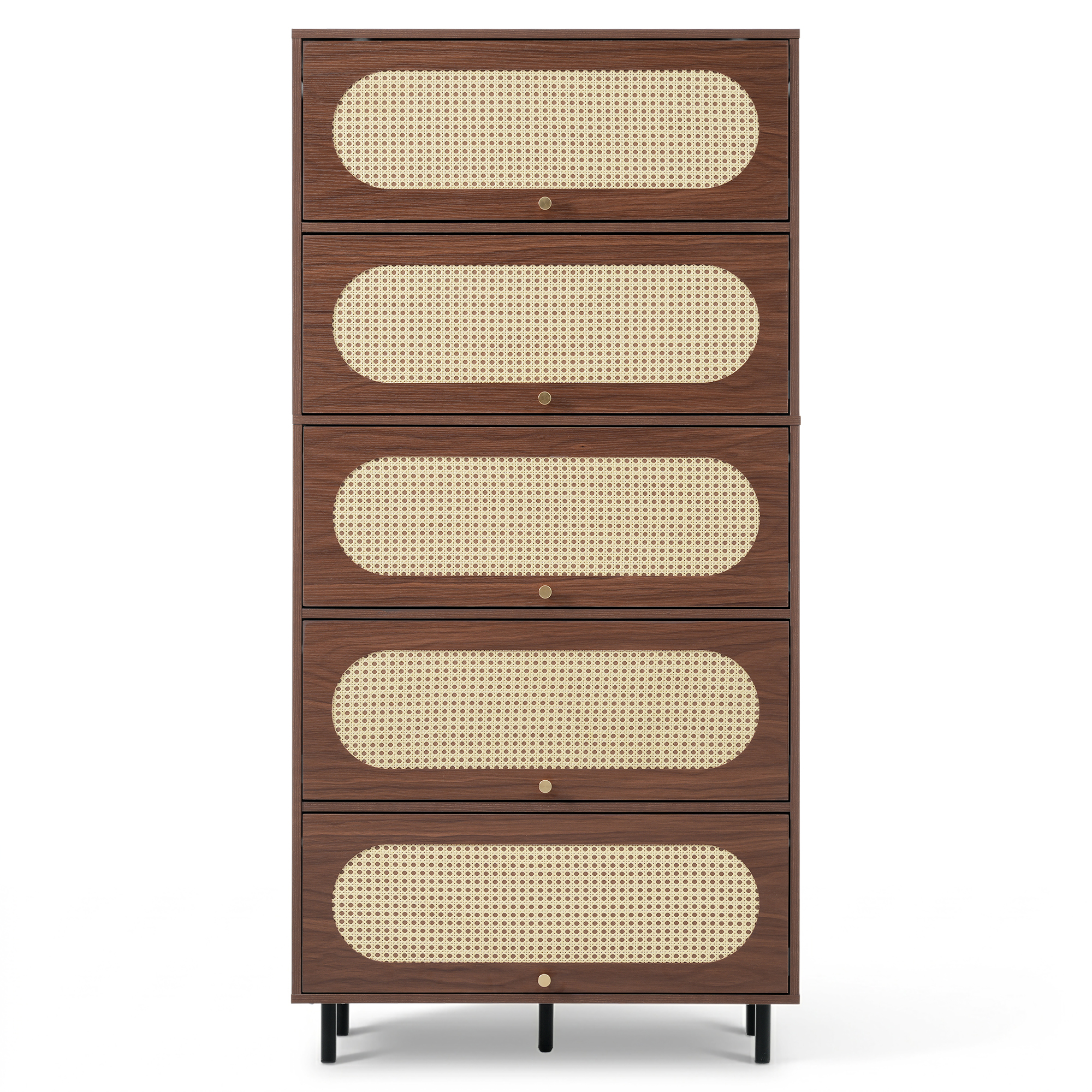 Commode, structure pliante, détails en rotin, 80 x 40 x 163 cm, métal, noyer - vue 3
