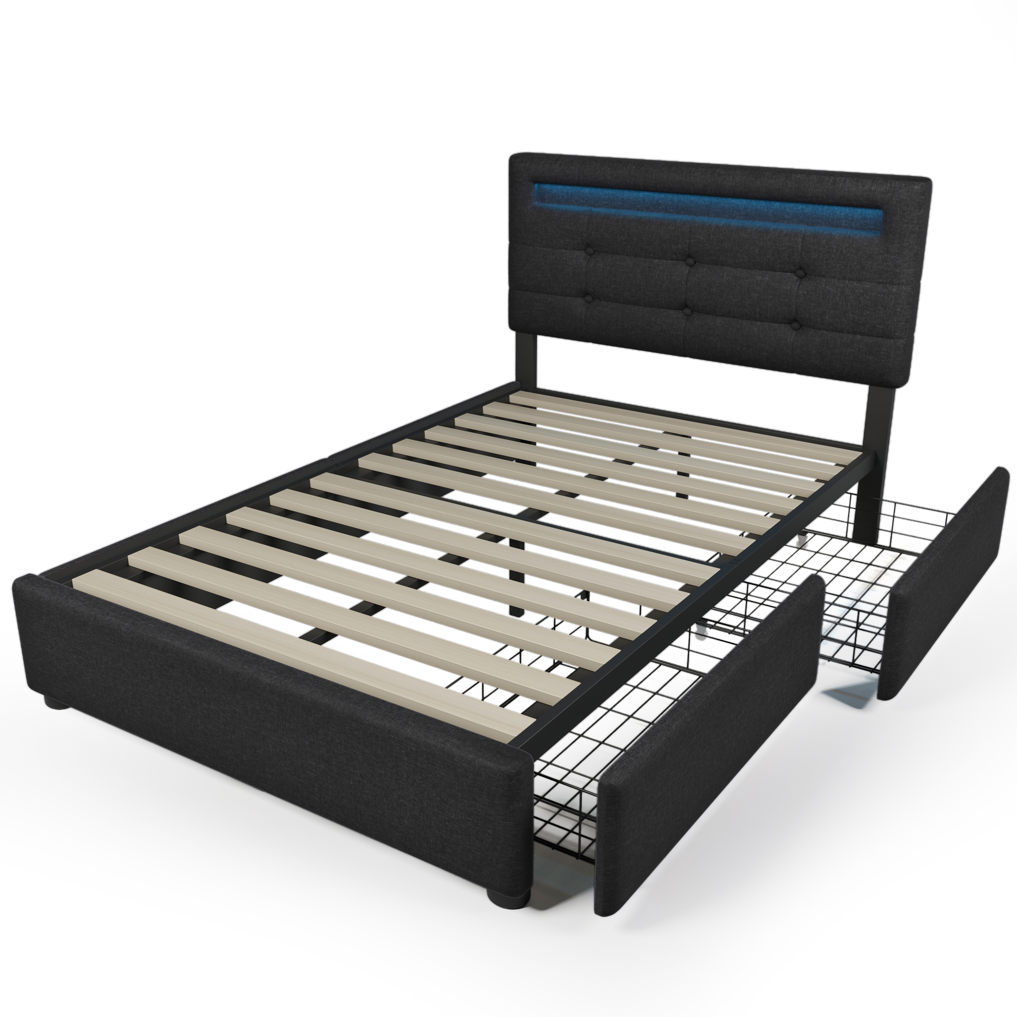 Bettgestell mit LED-Beleuchtung und 2 Schubladen, 
