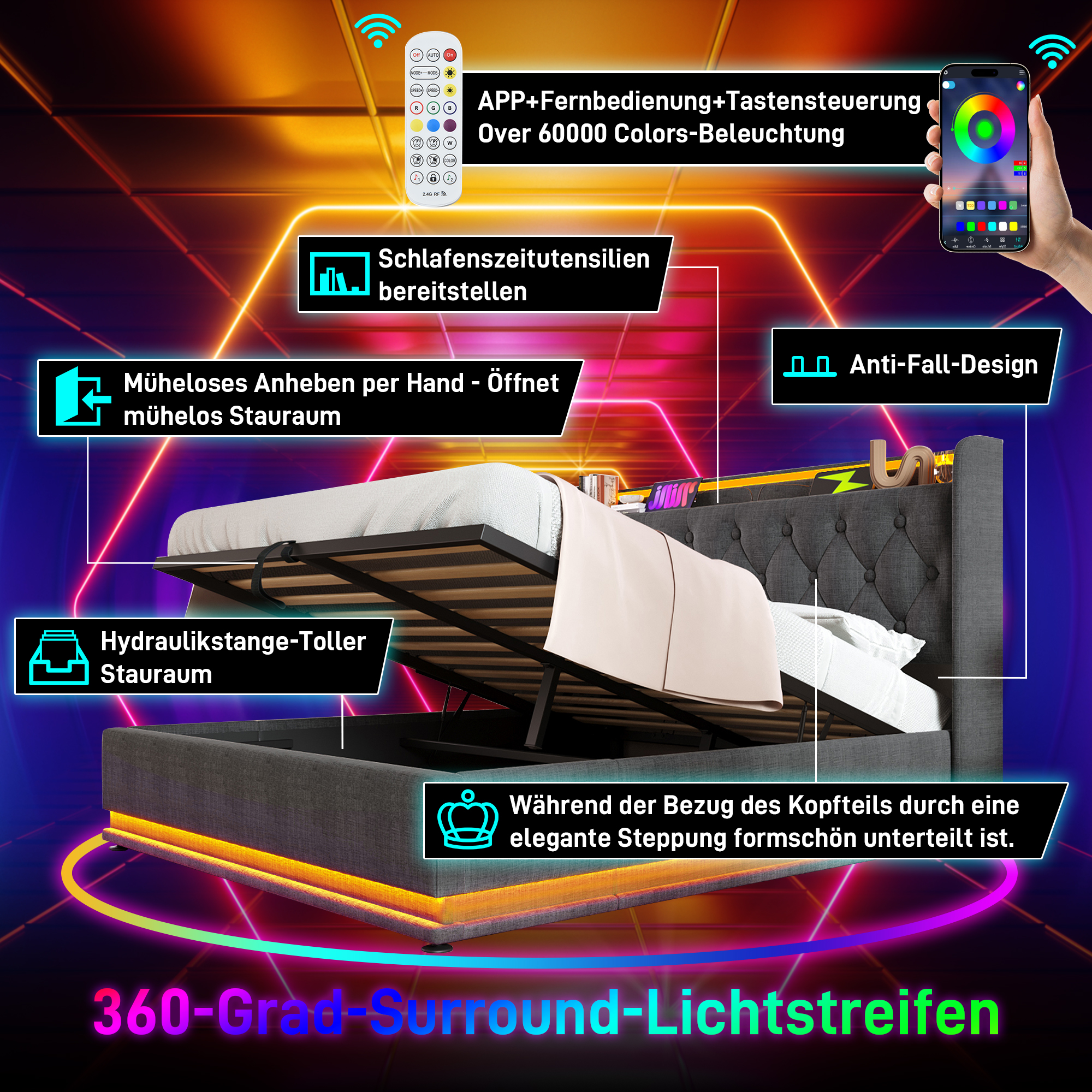 cadre lit bande lumineuse LED 360° minuterie modes dynamiques