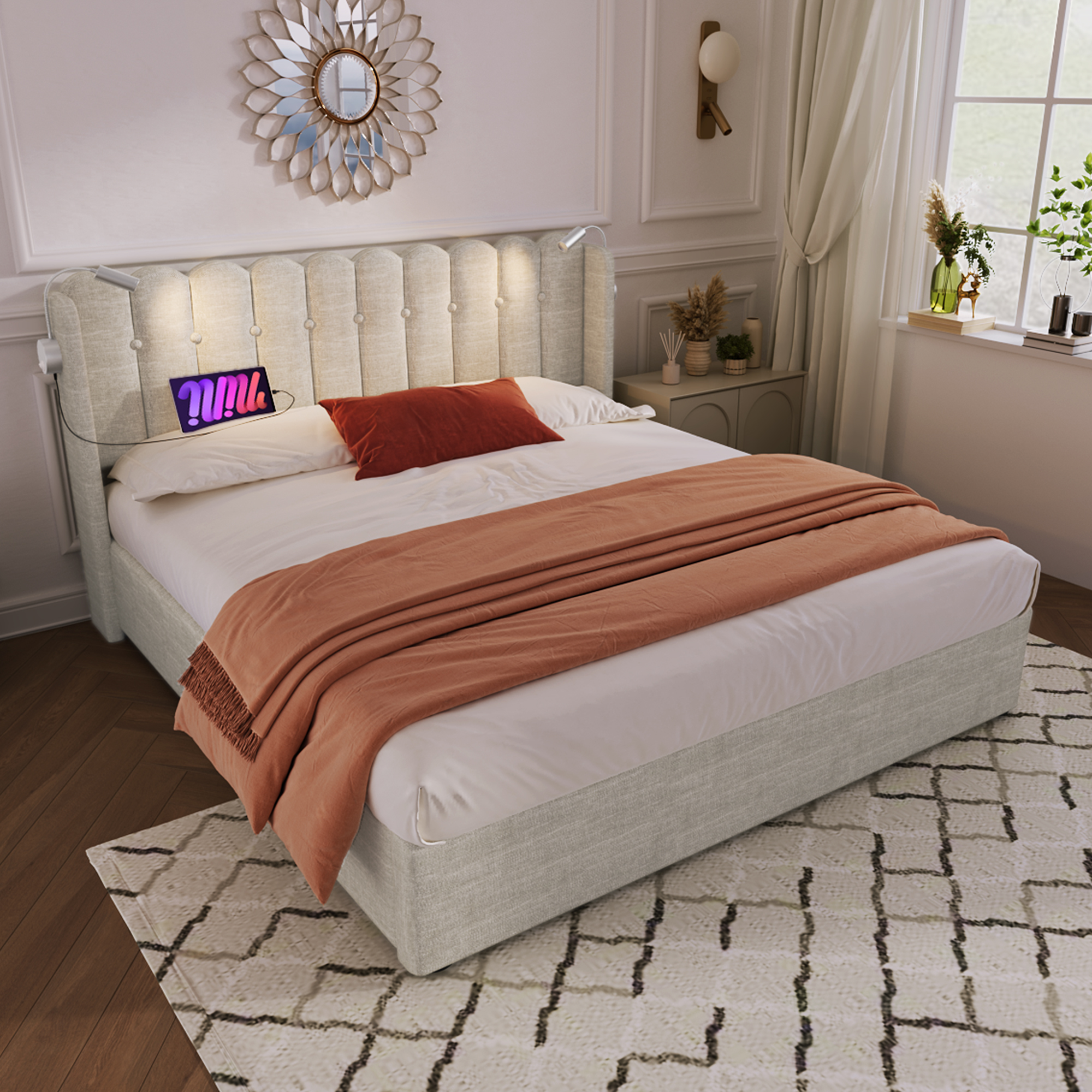 Lit rembourré double 160 x 200 cm, lampe de lecture, charge USB, rangement, lin naturel, 206 x 165 x 103 cm