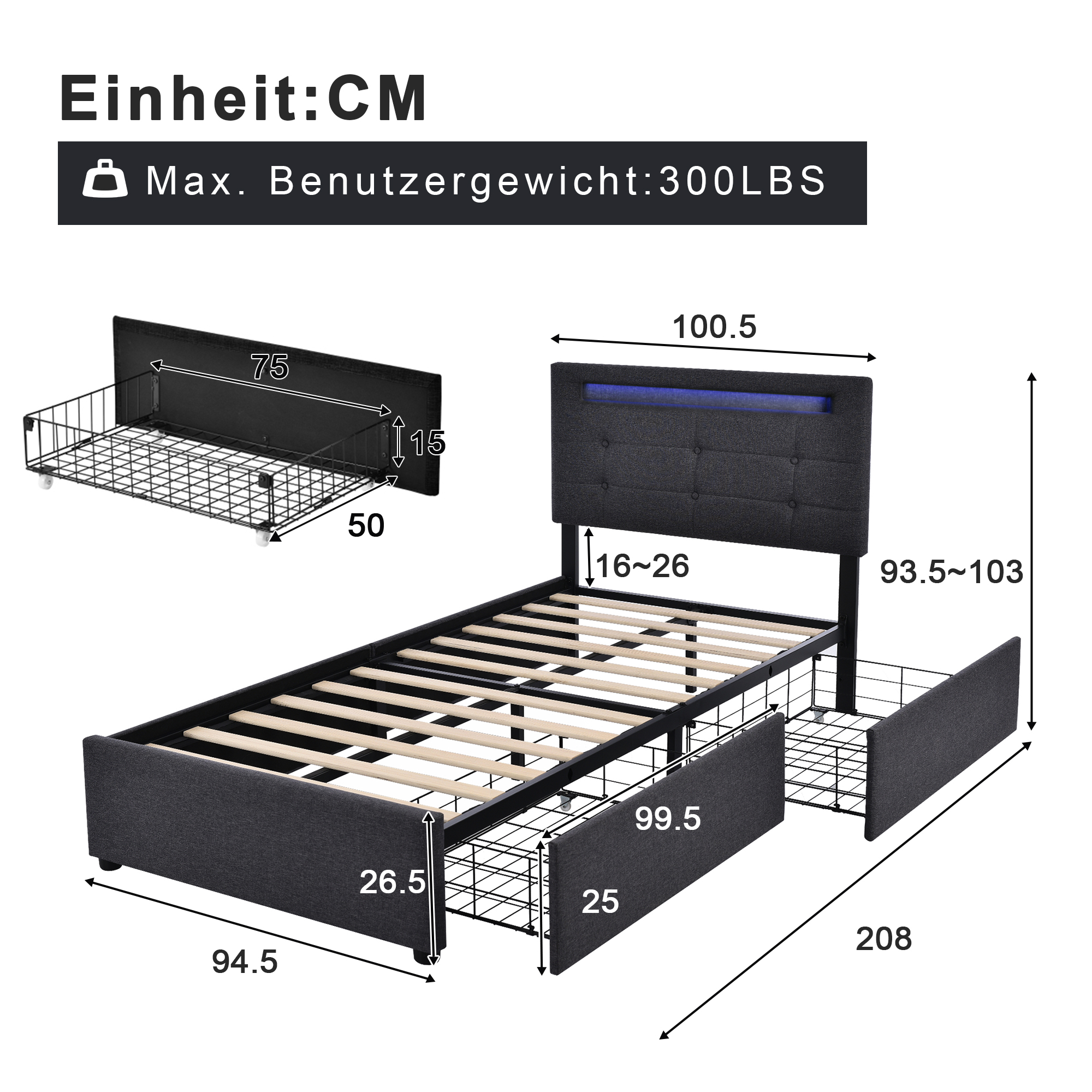 Bettgestell mit LED-Beleuchtung und 2 Schubladen, 