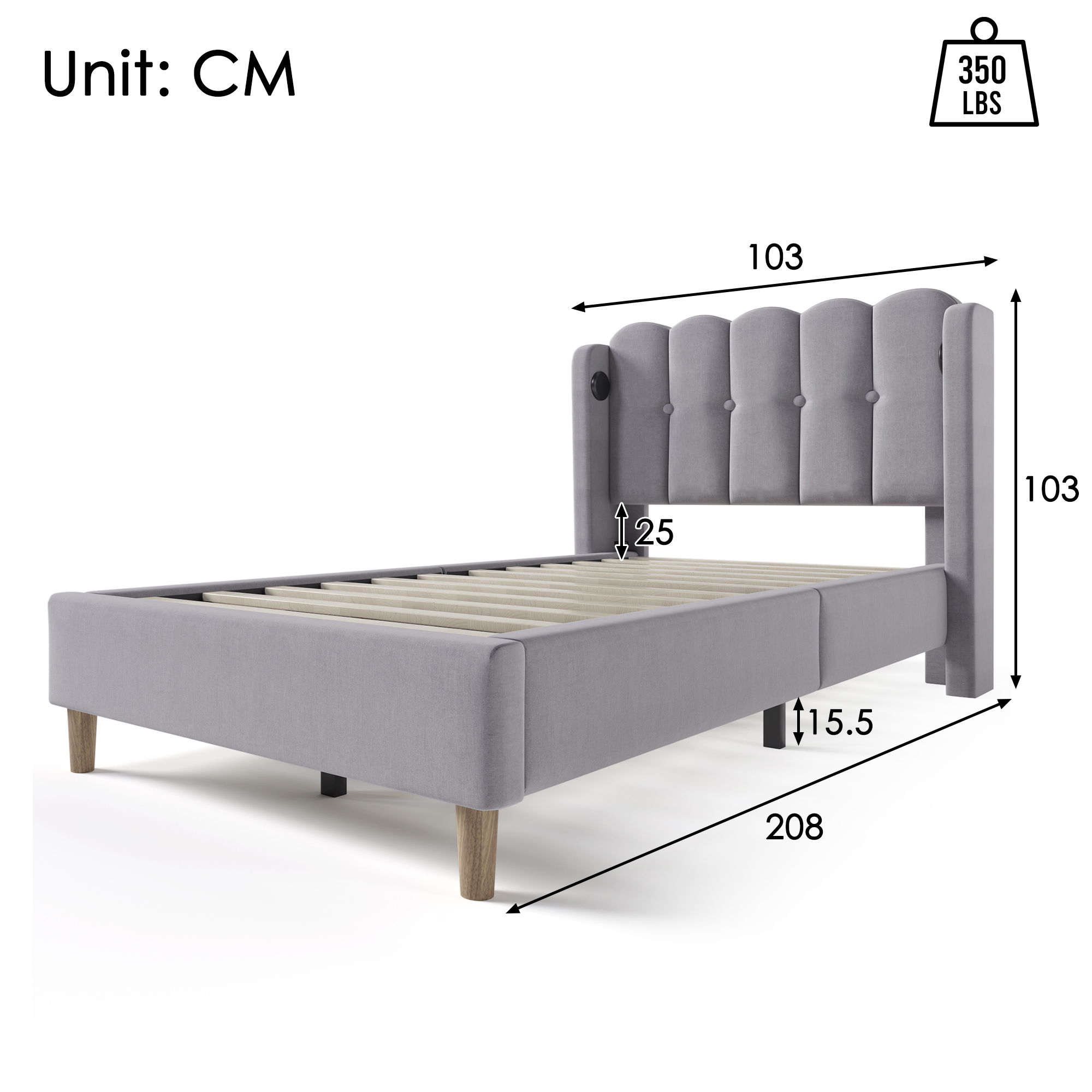 Polsterbett  Einzelbett mit USB Typ C Ladefunktion