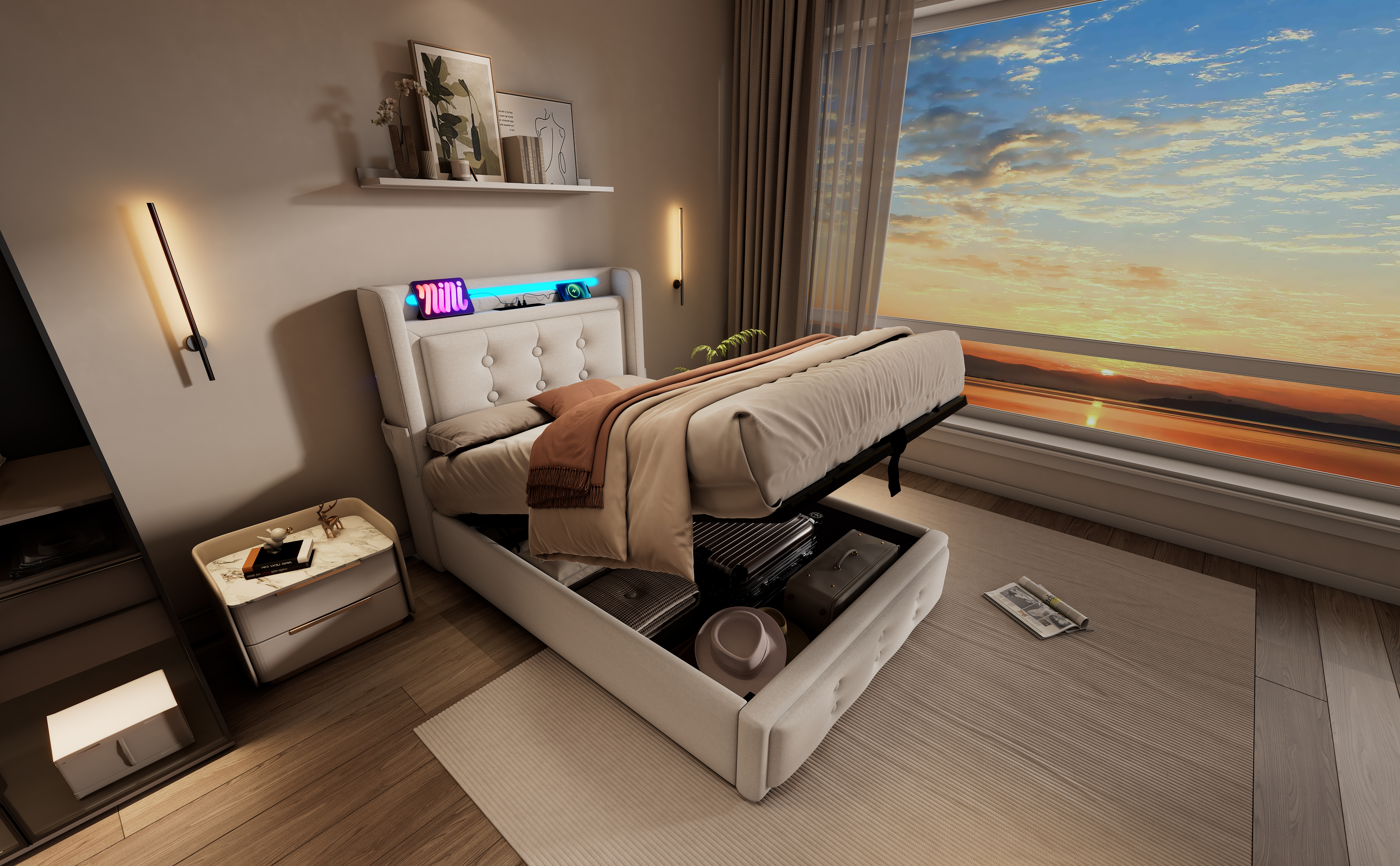 Polsterbett 90x200, Einzelbett mit Led-Kopfteil un