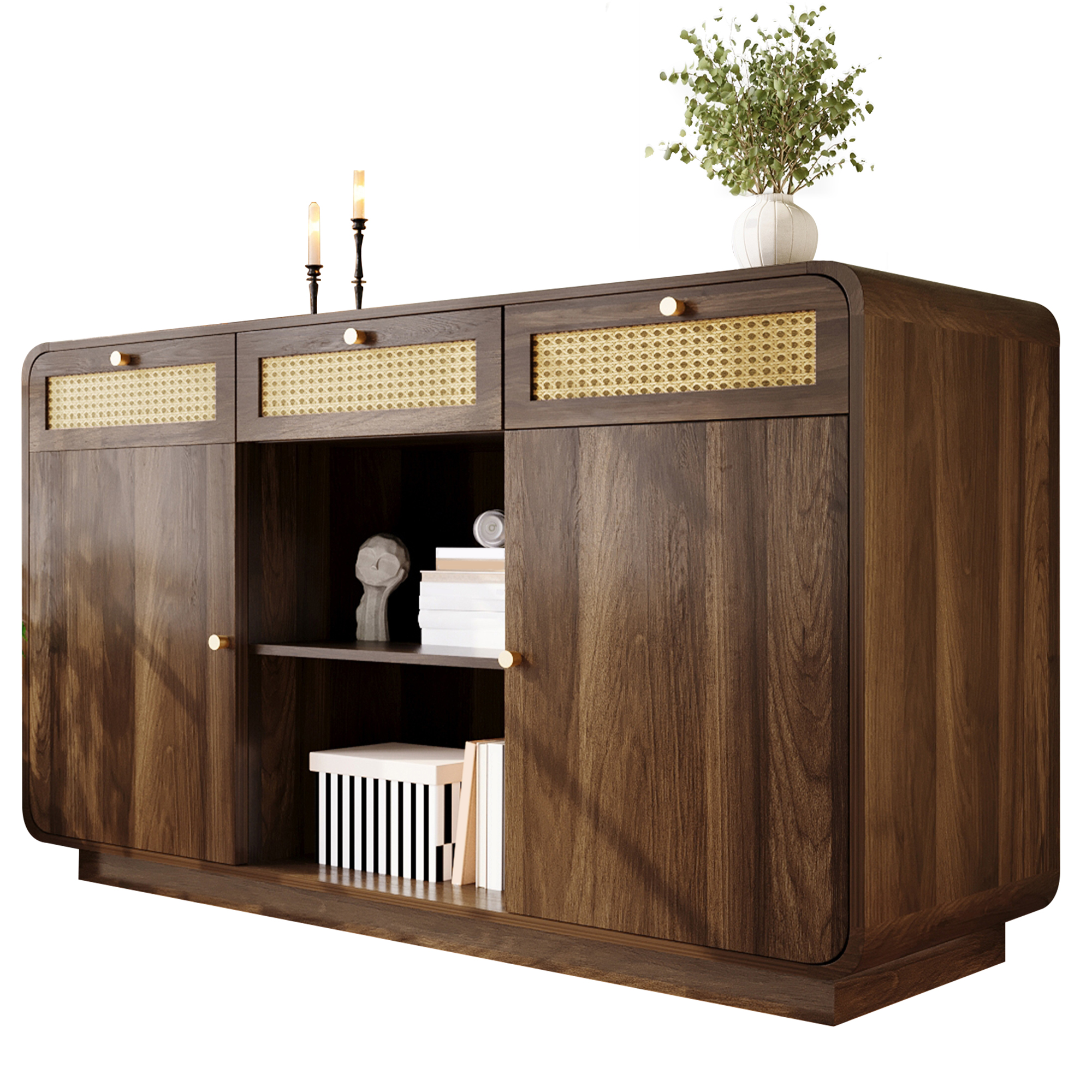 style élégant et rétro : buffet panneau aspect noyer, contours incurvés sur les quatre côtés