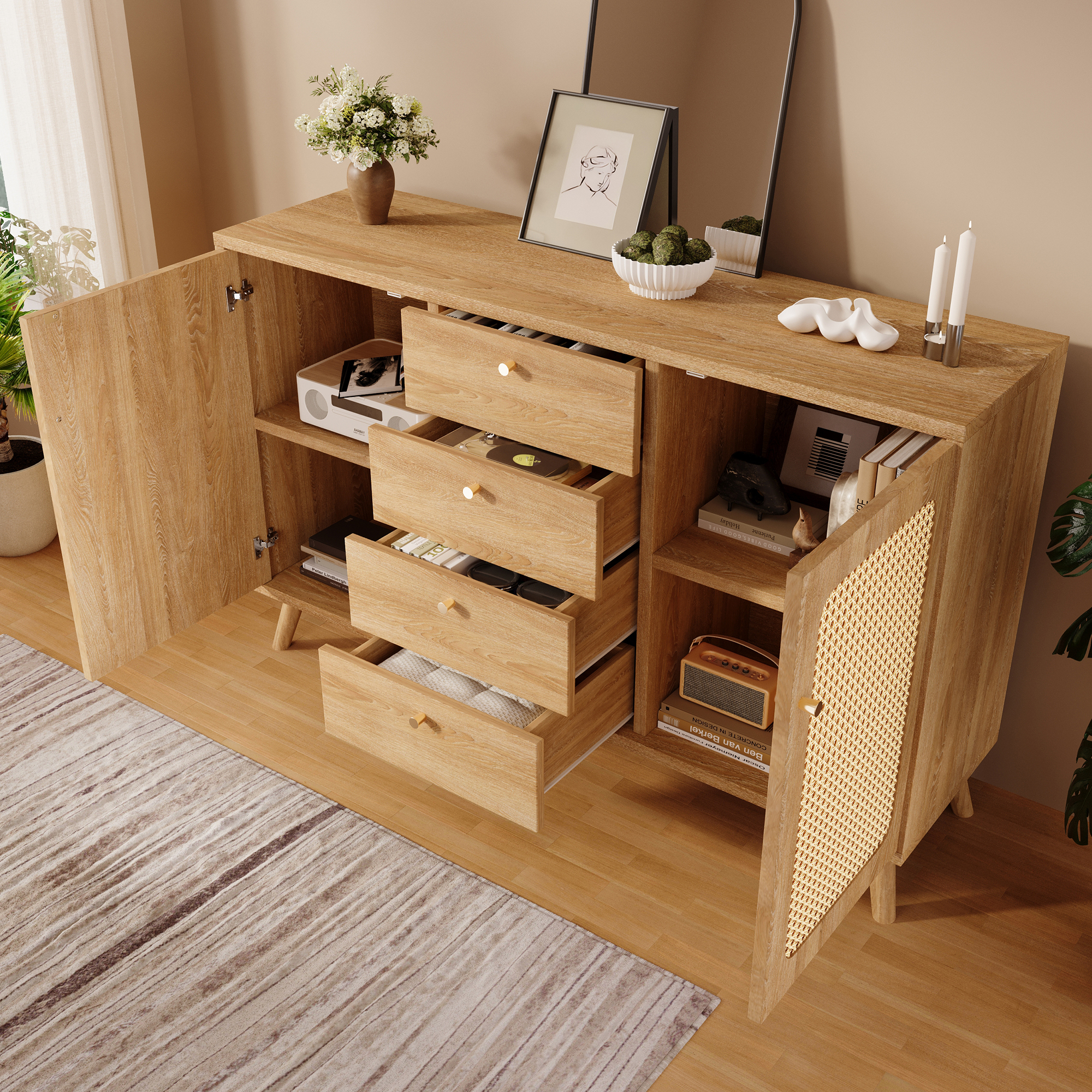 Buffet bas 140 cm, meuble de rangement avec 2 portes, 4 tiroirs, étagères réglables, façades effet cannage, panneaux de particules et MDF, Effet chêne