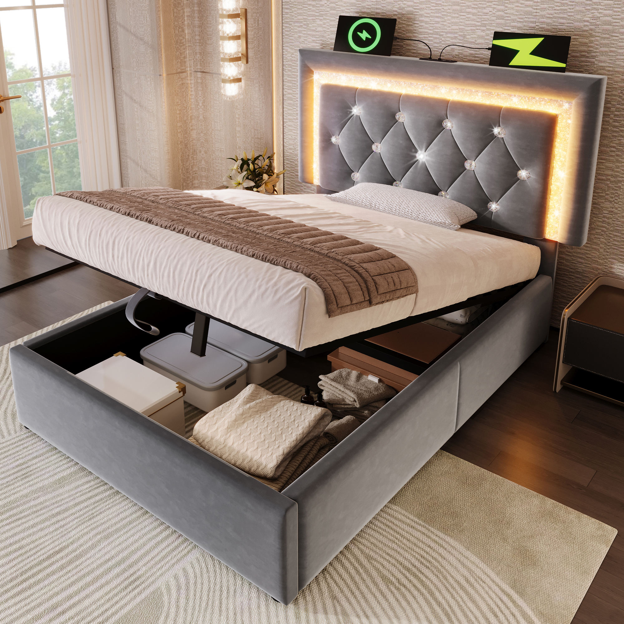 Polsterbett 90x200 cm Samt Einzelbett mit LED-Diam