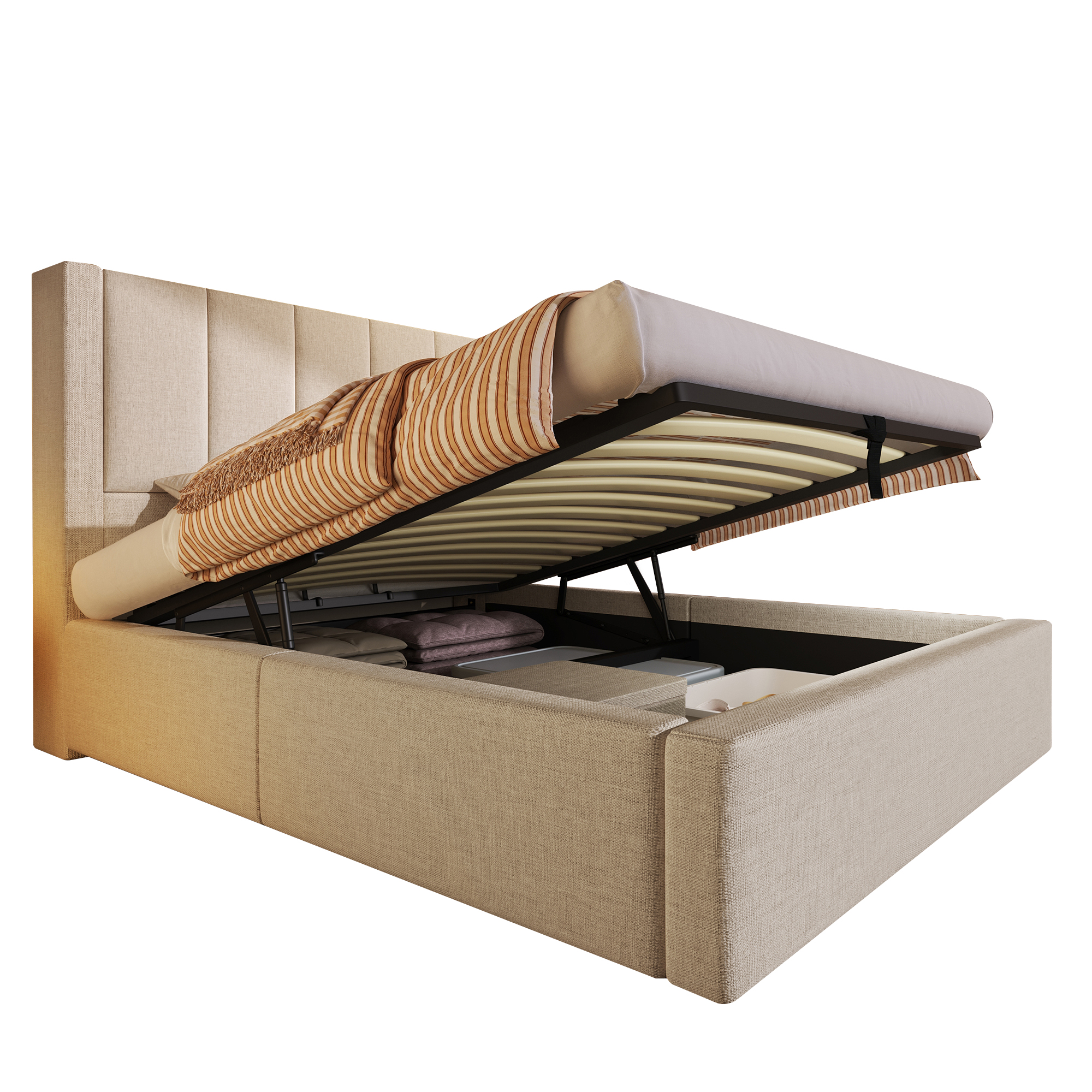 Détails de Lit coffre rembourré en lin 90 x 200 cm avec rangement hydraulique, ports USB-C, porte-gobelet et sommier à lattes, Beige, sans matelas