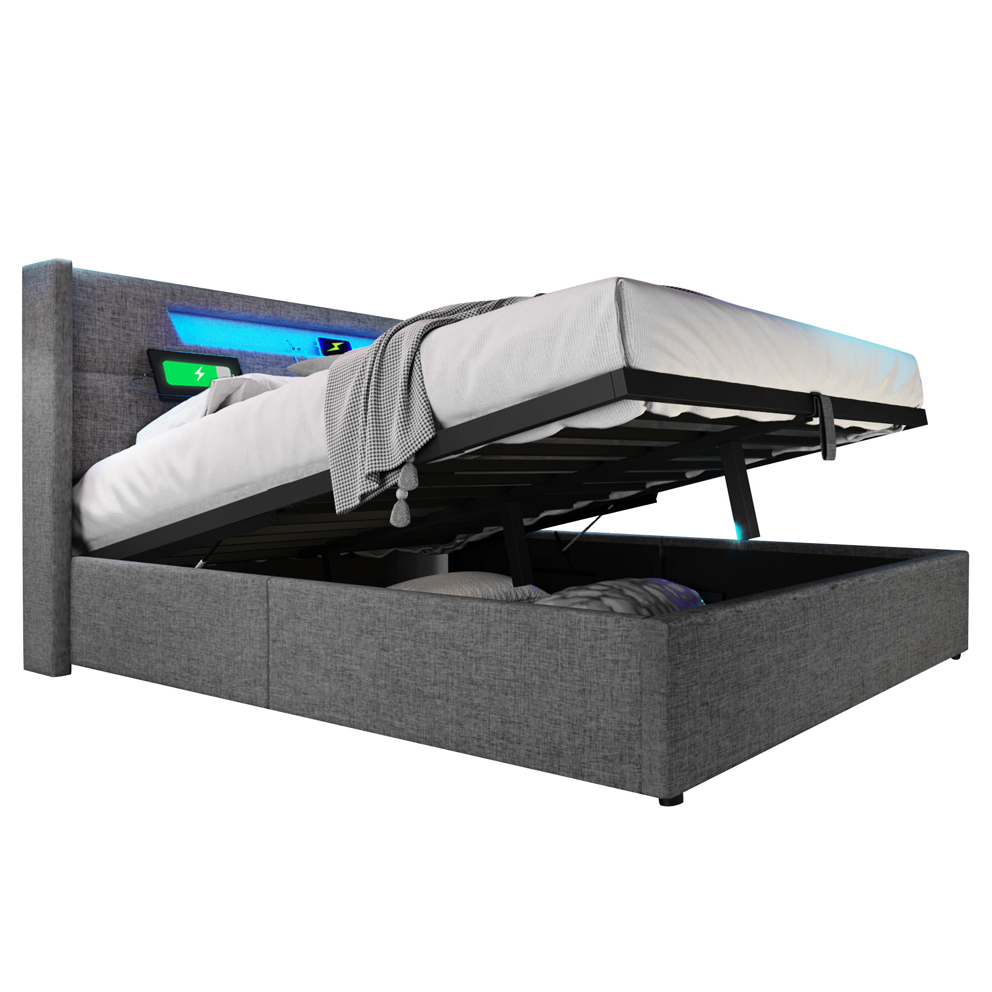 Lit rembourré double 140 x 200 cm, tête LED, USB Type-C, coffre, lin gris, 212 x 148 x 109 cm