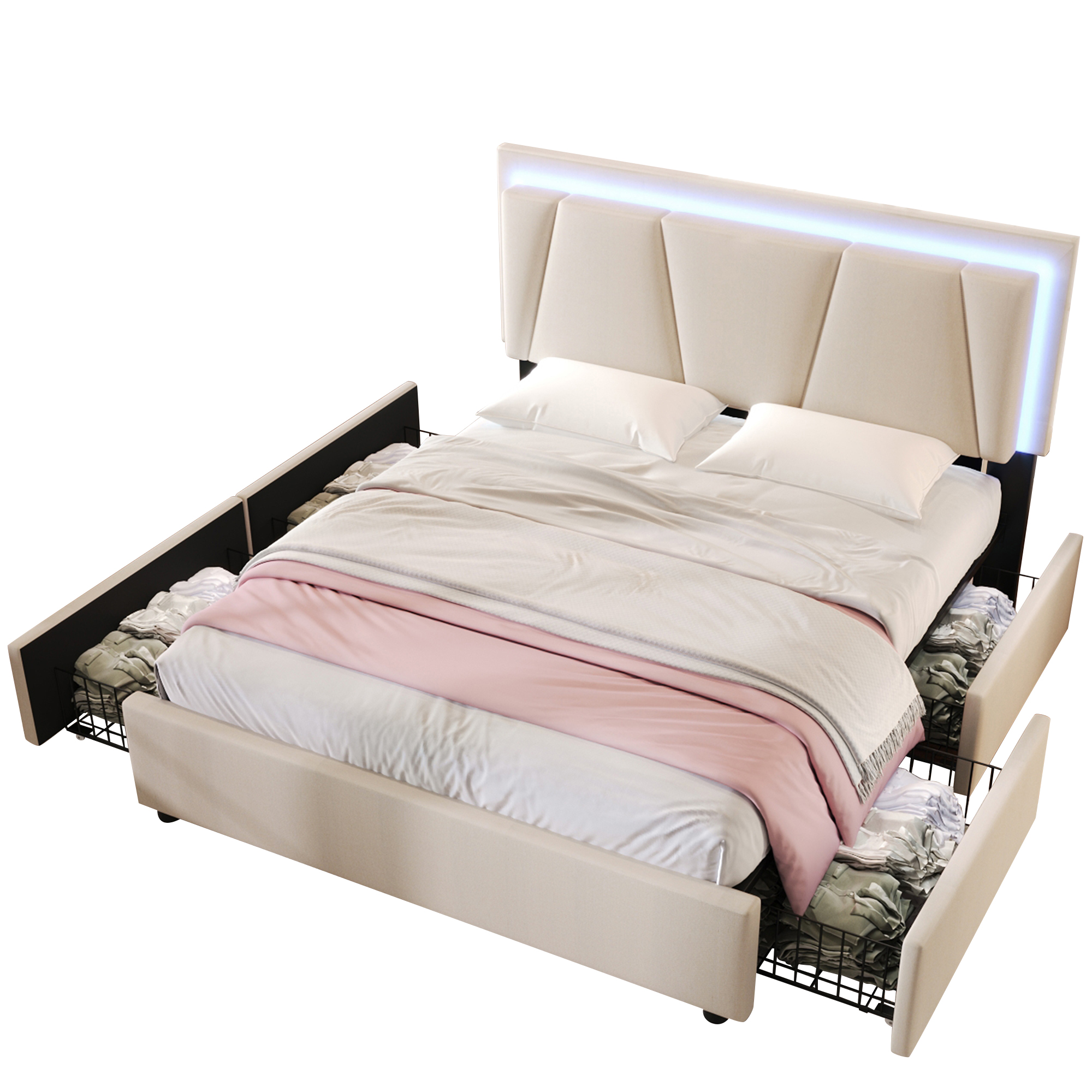 Polsterbett mit LED-Beleuchtung und 4 Schubladen,H