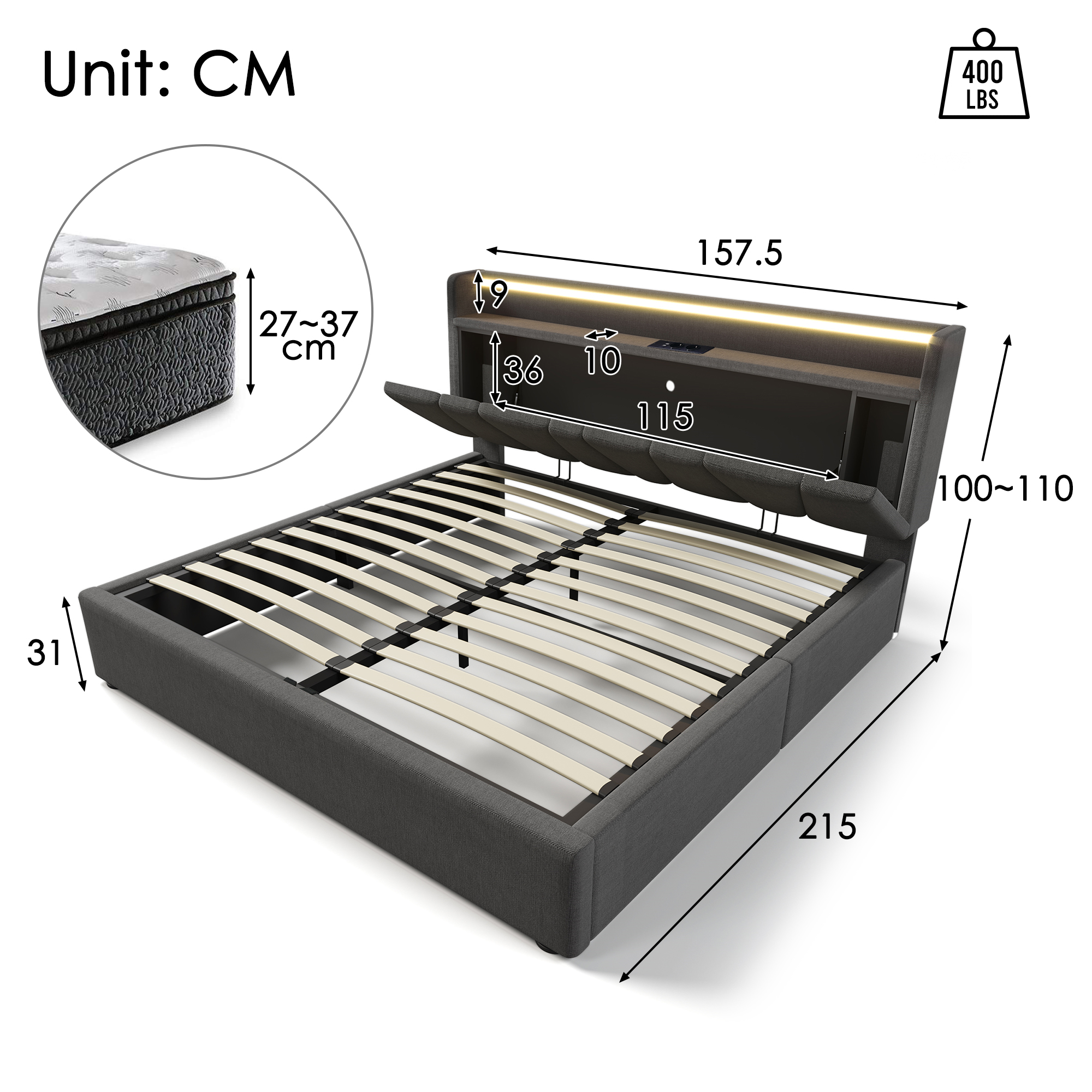 Polsterbett Doppelbett mit aufladen USB Ladefunkti