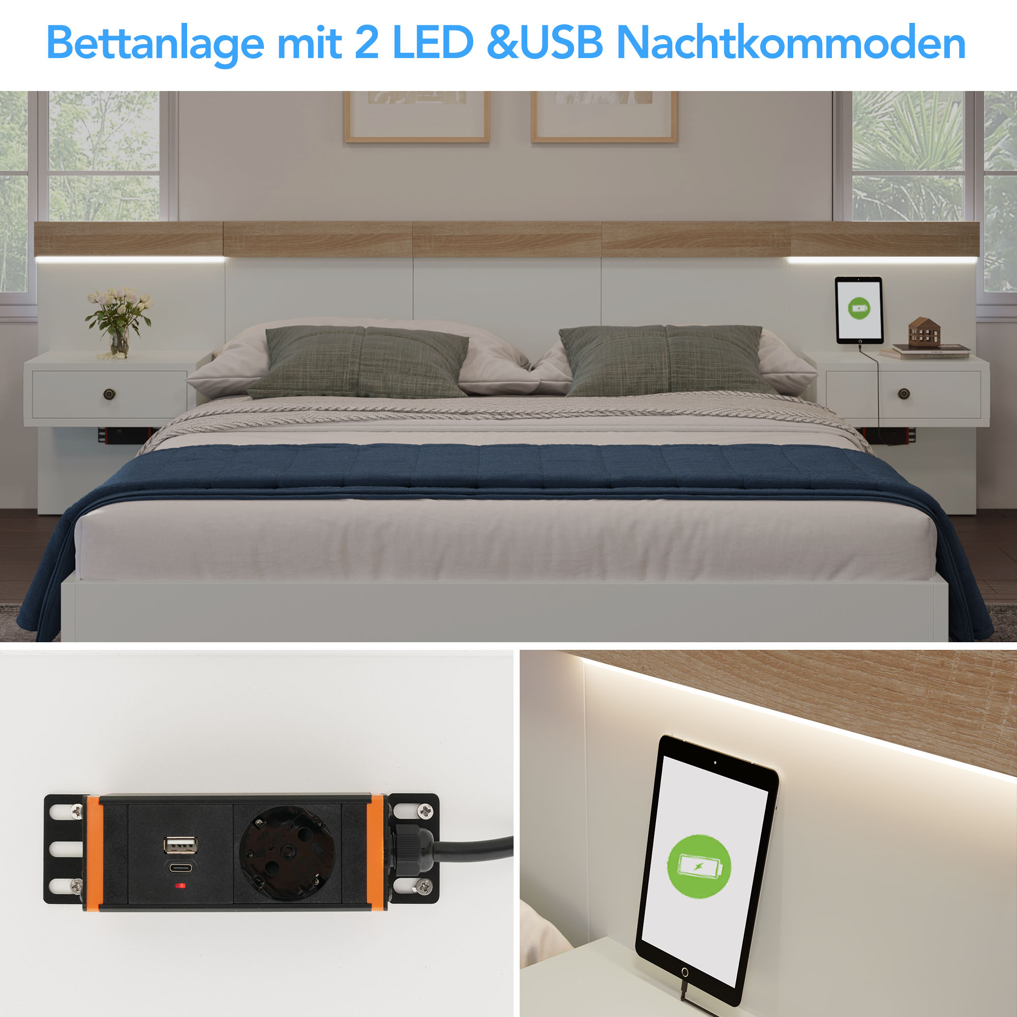 Doppelbett Bettanlage mit 2 LED Nachtkommoden& USB
