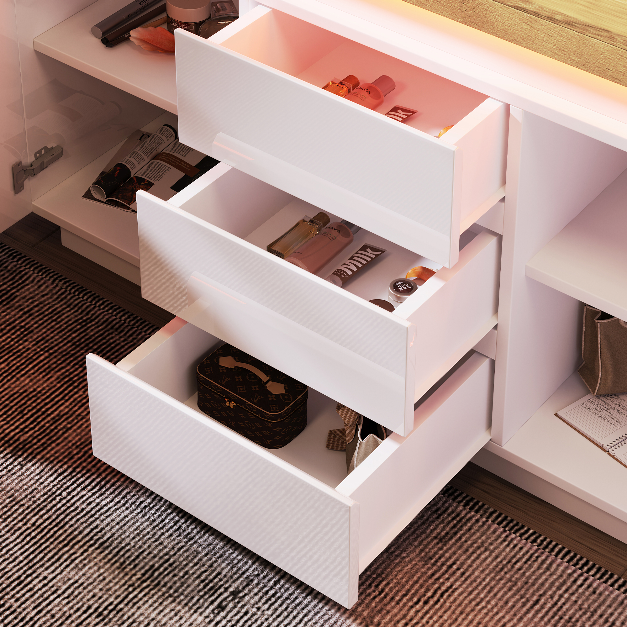 Commode, éclairage LED, avec tiroirs, 140 x 39 x 81 cm, panneaux de particules, blanc - vue 6