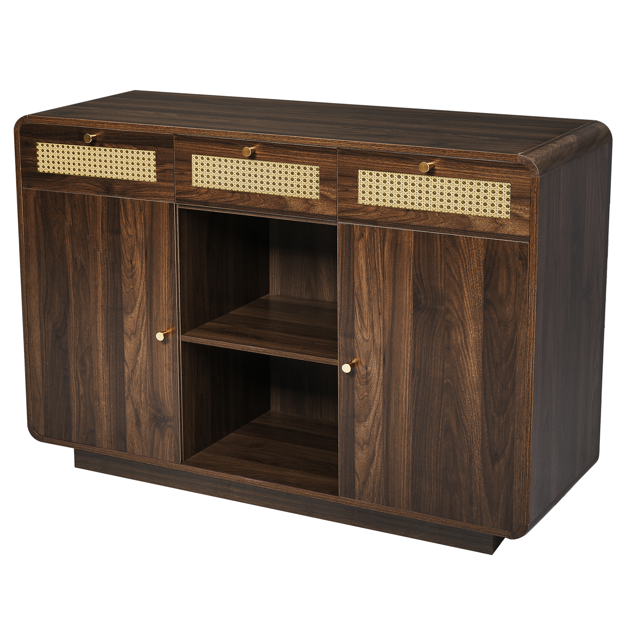 produit fini buffet rétro aspect noyer avec rotin