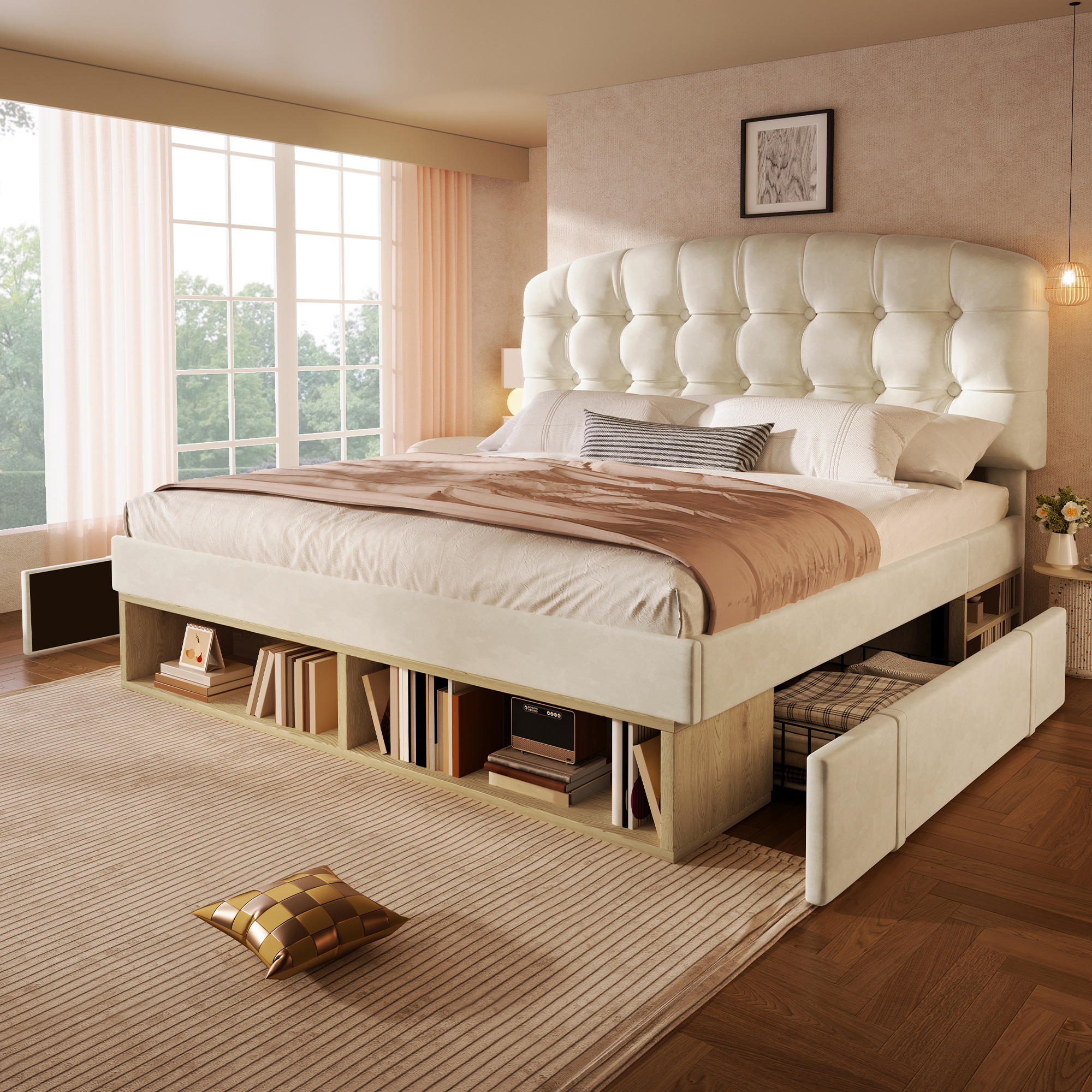 Doppelbett 140x200 Polsterbett Samt Beige mit Latt