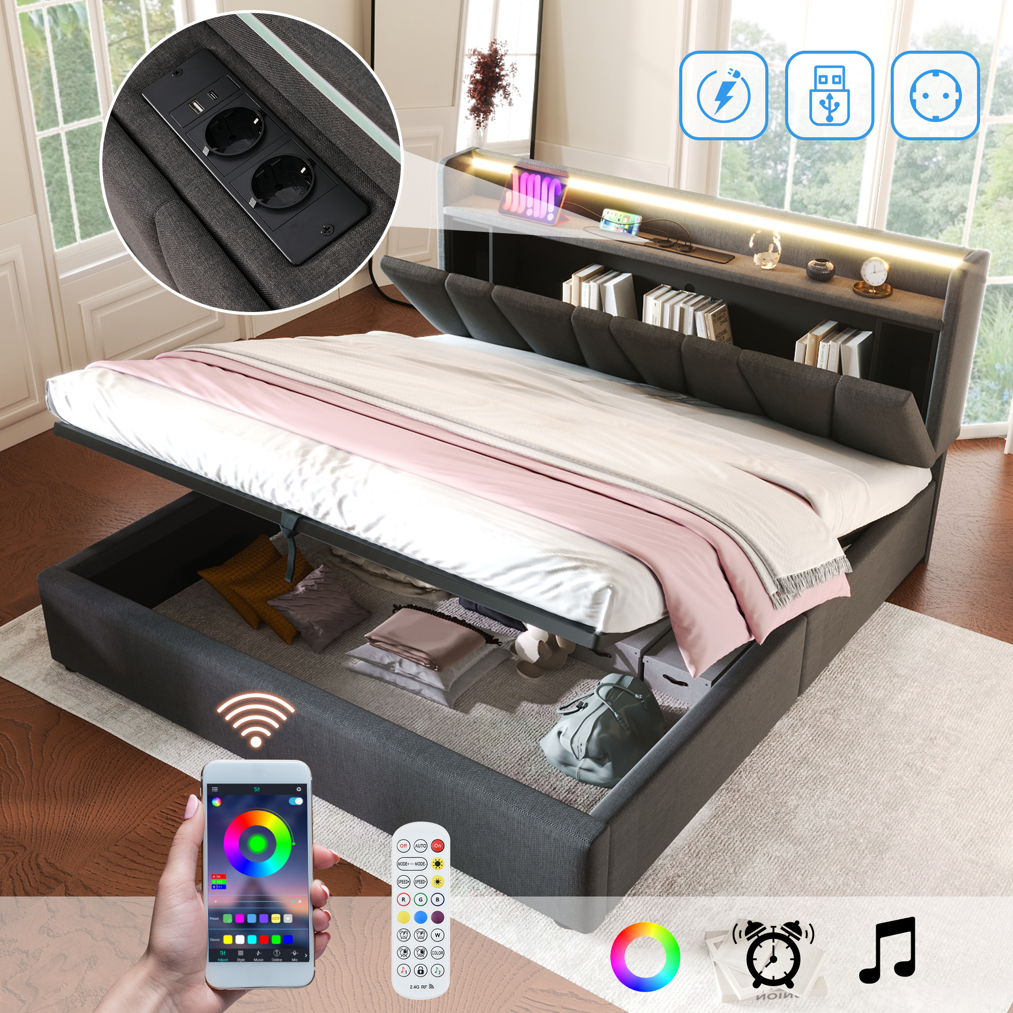 Polsterbett Doppelbett mit aufladen USB Ladefunkti